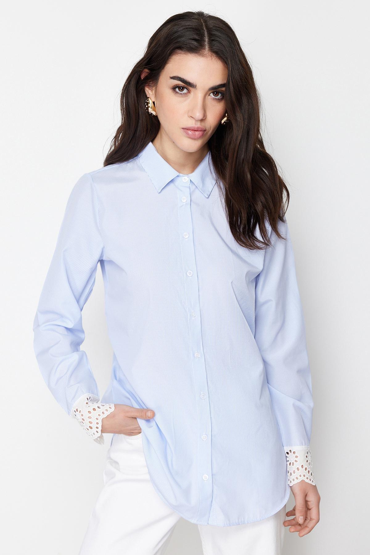 Blue Brode Detail Cotton Blended Woven Shirt, , large image number 2