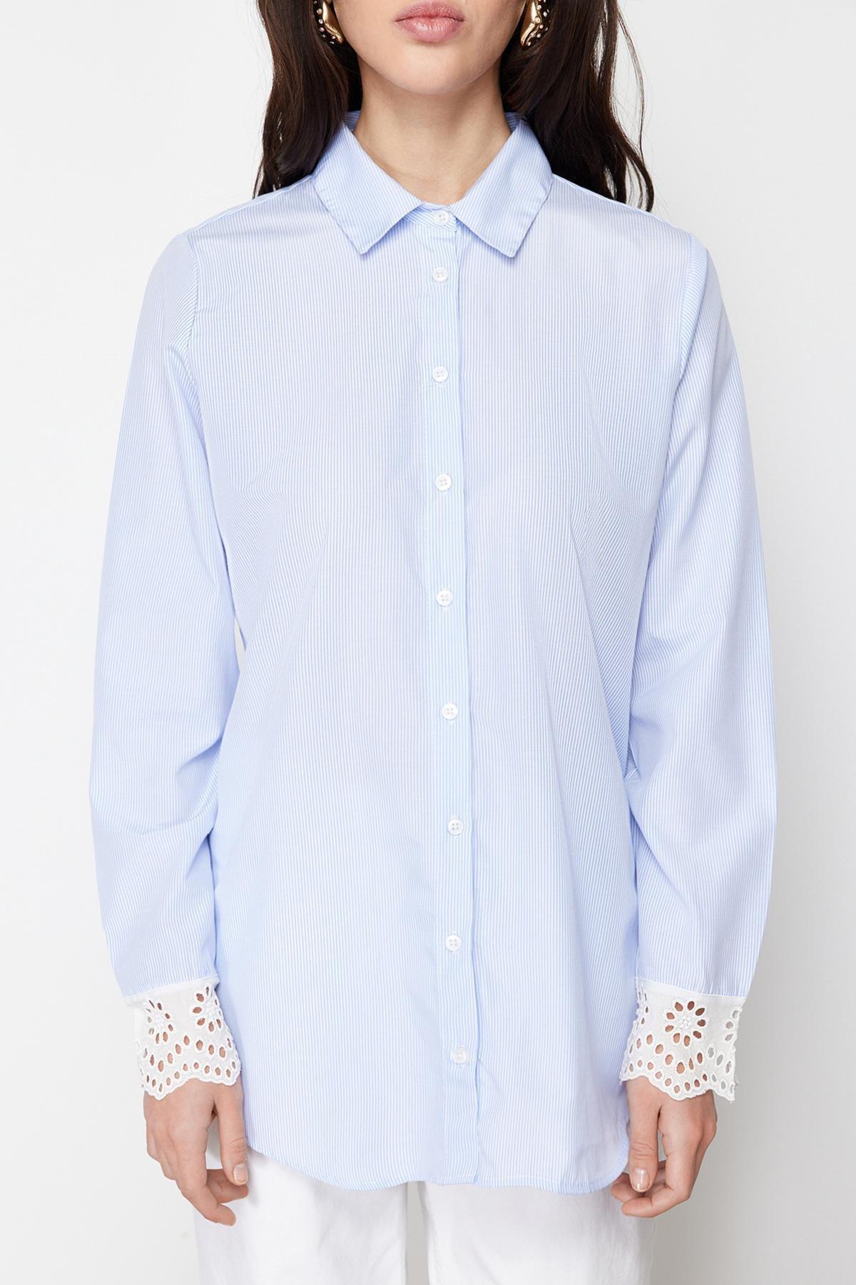 Blue Brode Detail Cotton Blended Woven Shirt, , large image number 3