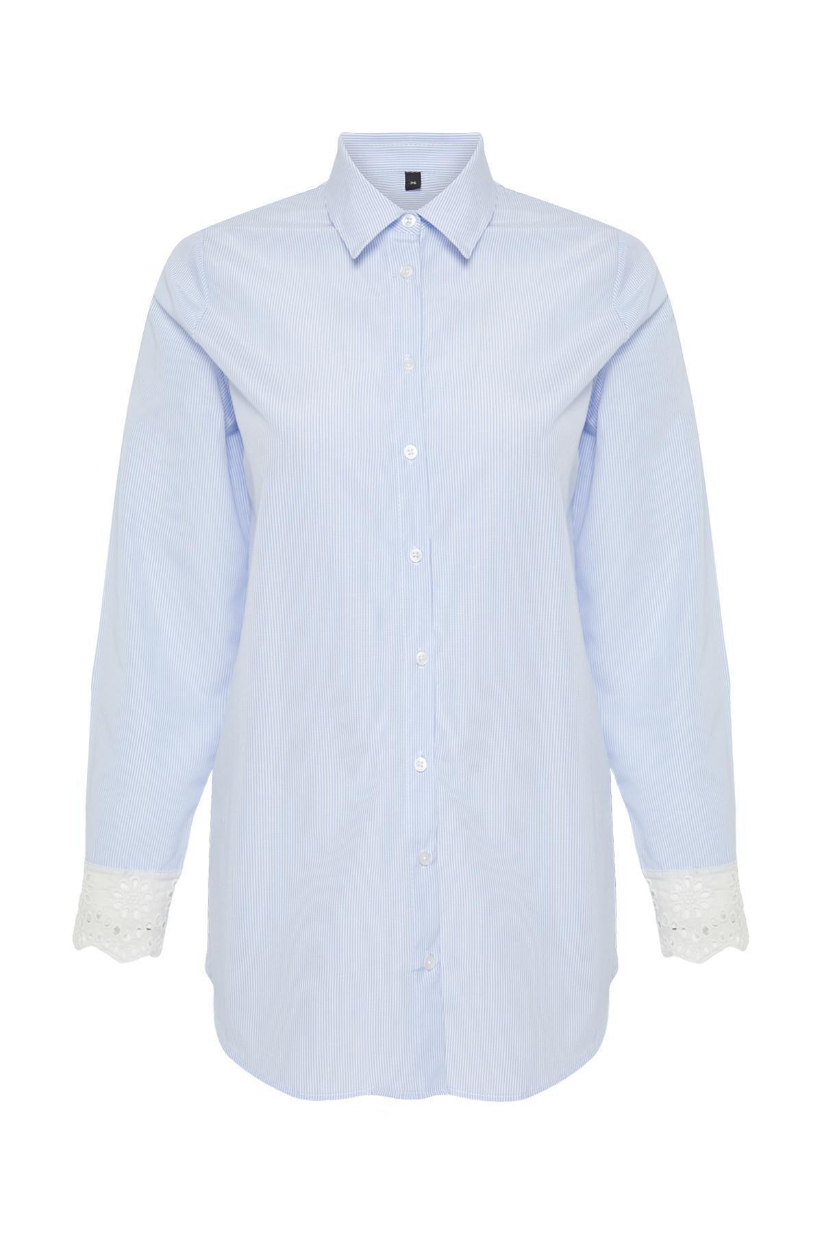 Blue Brode Detail Cotton Blended Woven Shirt, , large image number 5