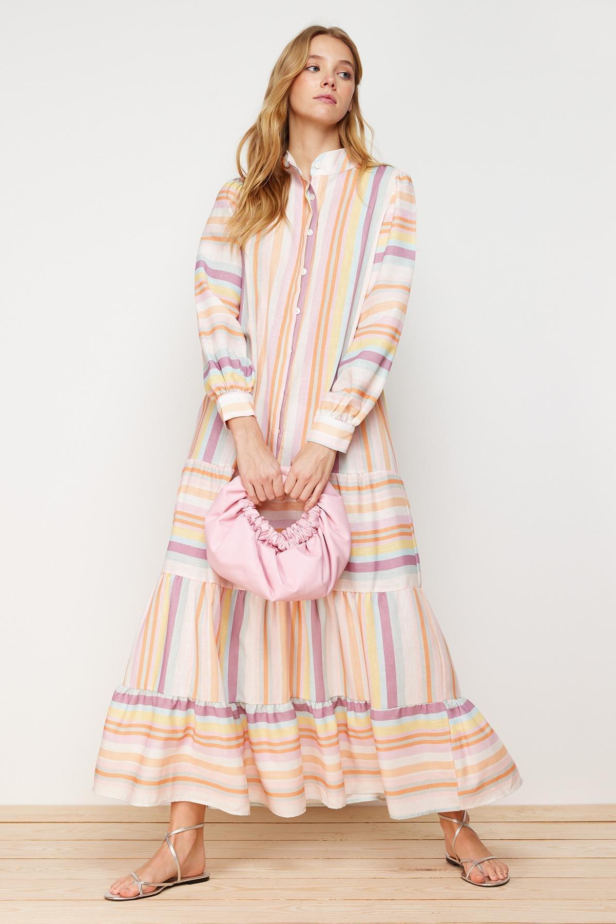 Multicolour Striped Skirt Ruffled Dress, , large image number 0