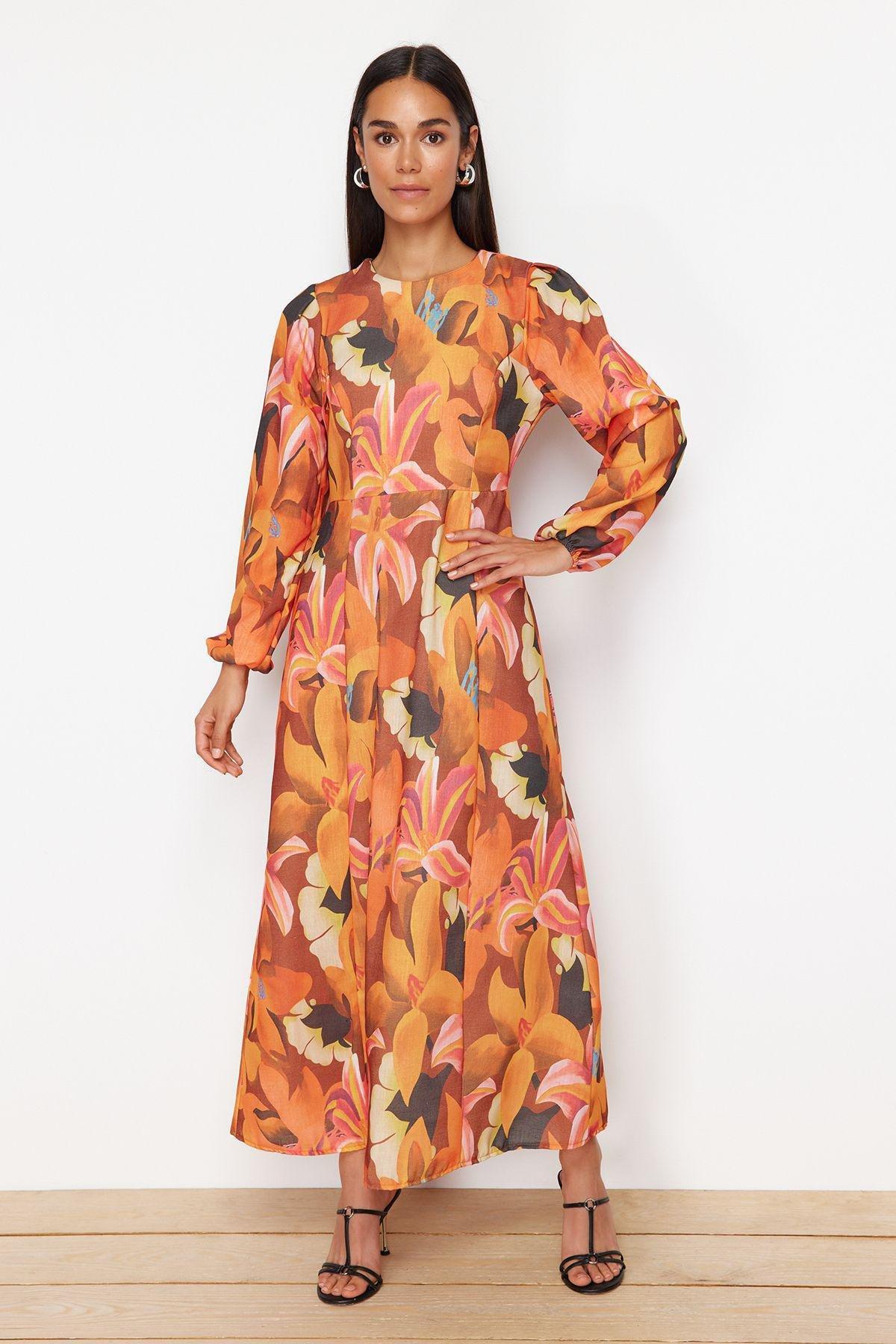 Orange Floral Linen Look Dress, Orange, large image number 0