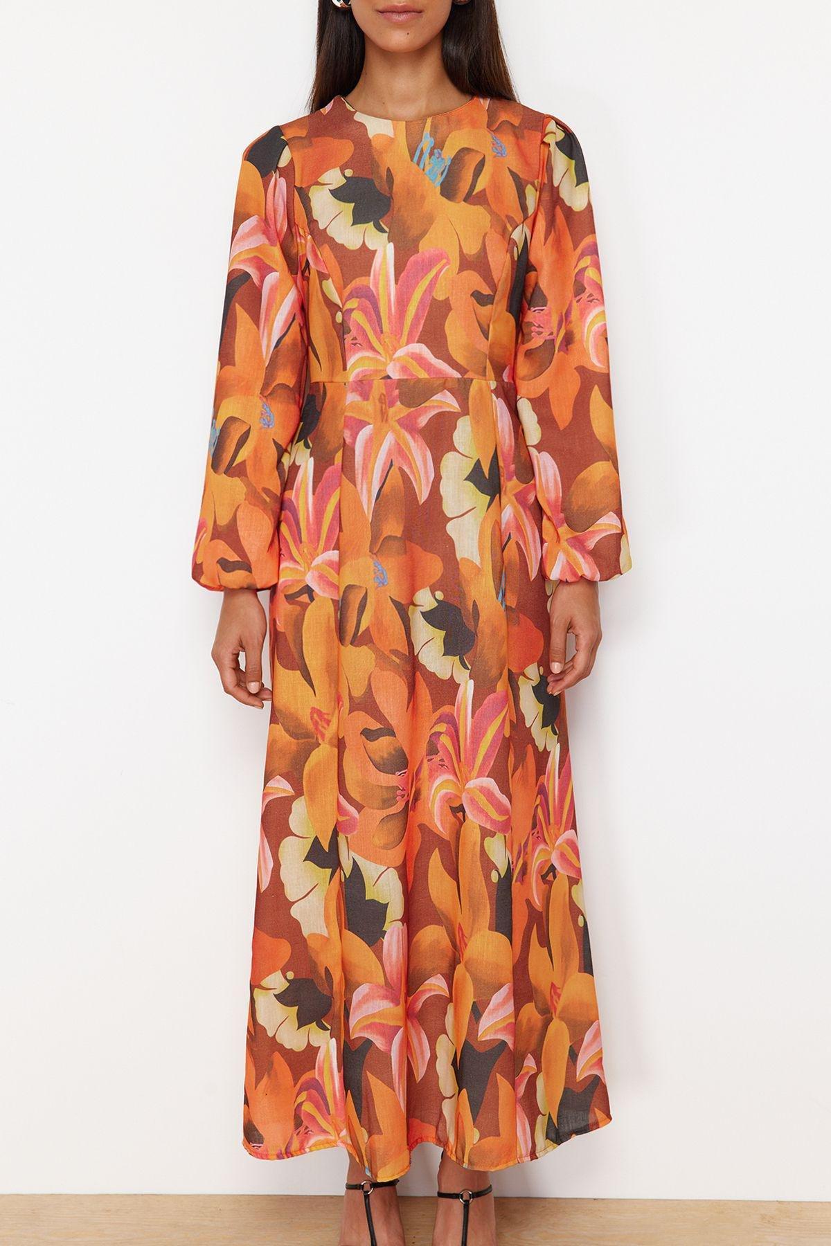 Orange Floral Linen Look Dress, Orange, large image number 1