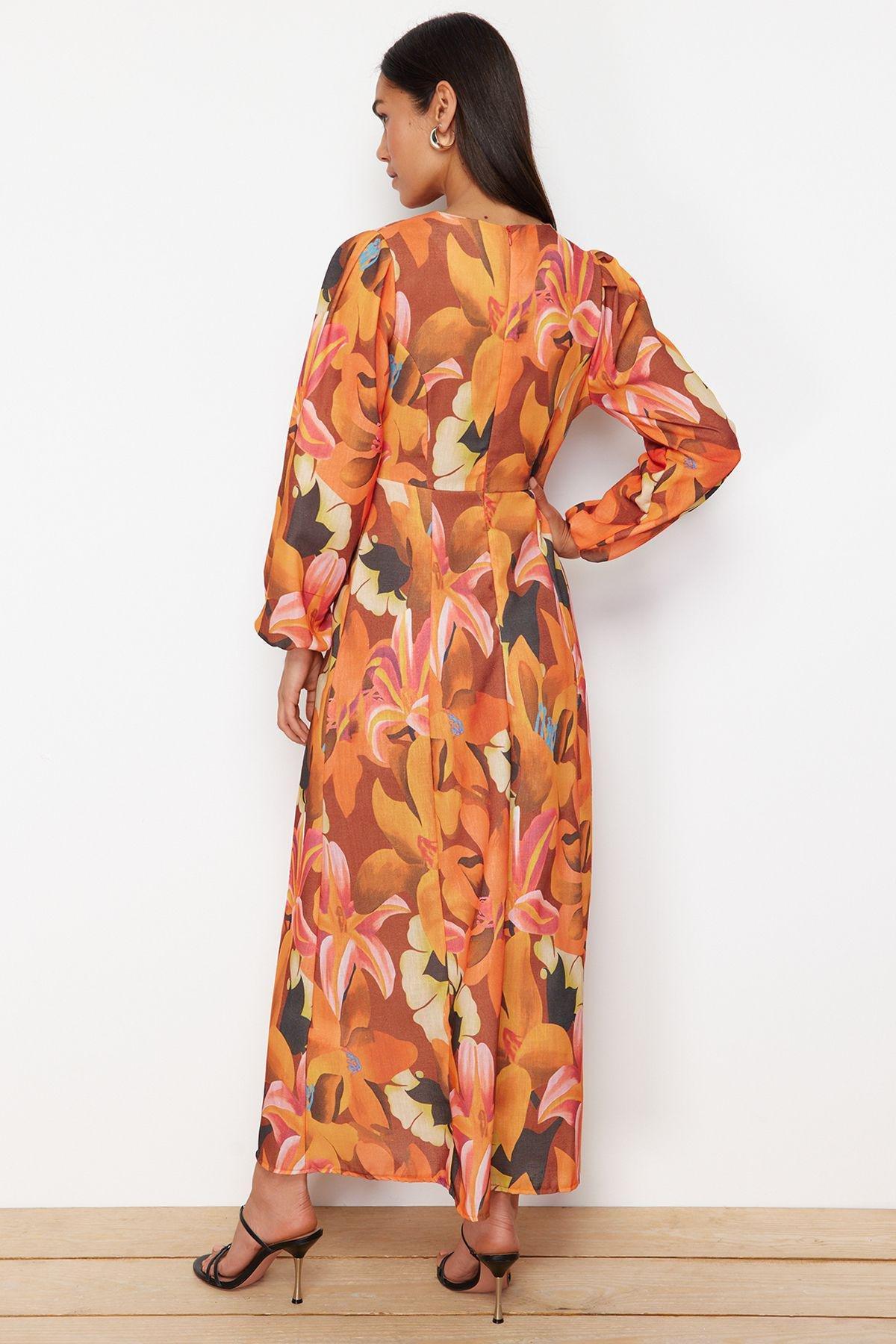 فستان كتان بنقشة زهور، برتقالي, Orange, large image number 2