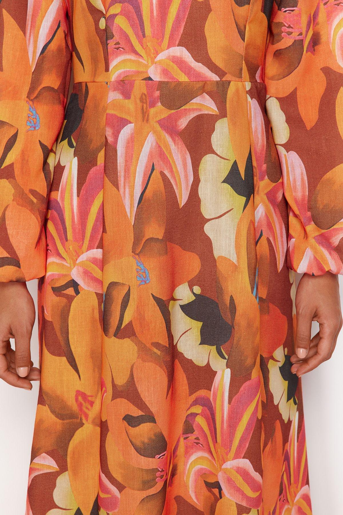 Orange Floral Linen Look Dress, Orange, large image number 3