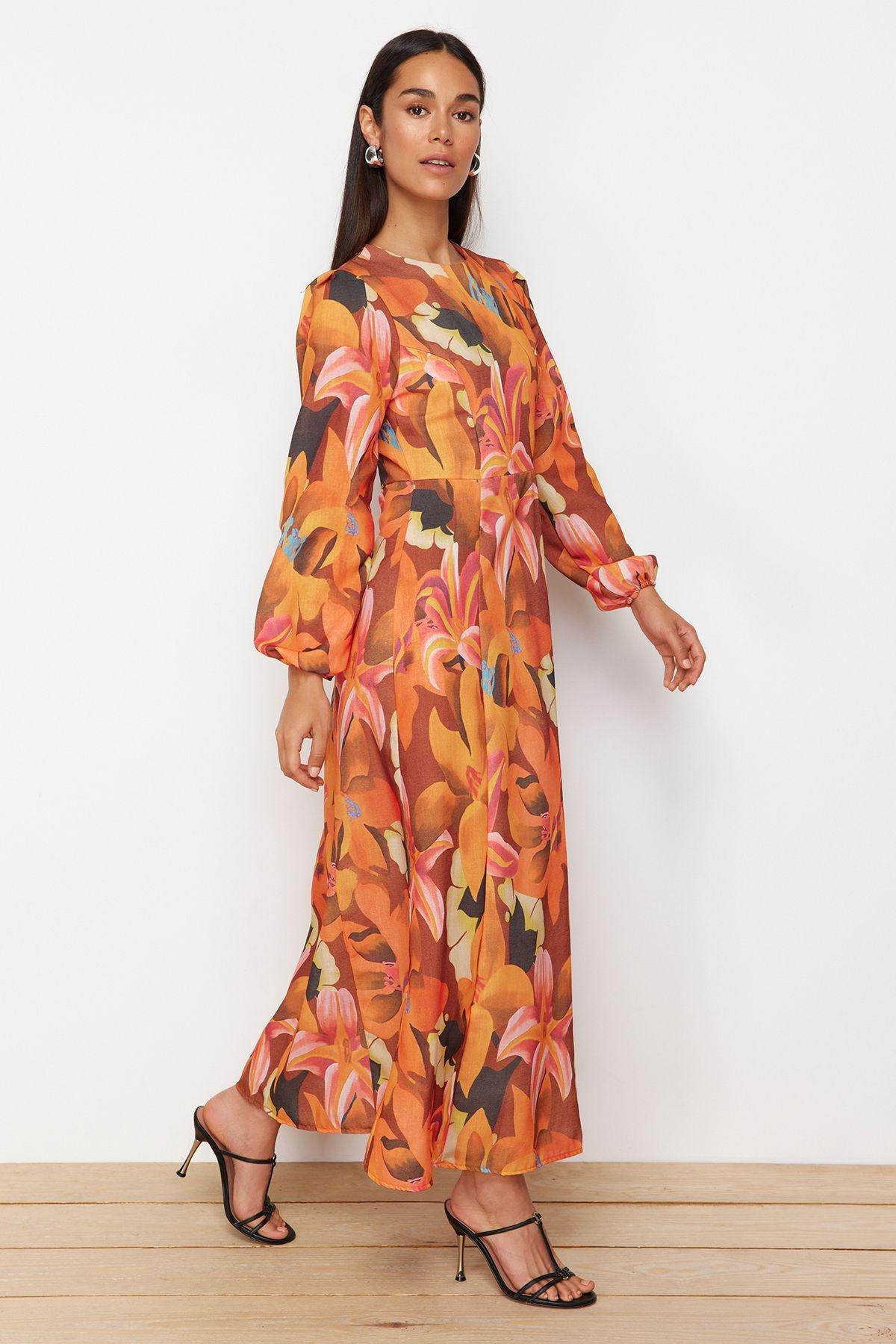 Orange Floral Linen Look Dress, Orange, large image number 4