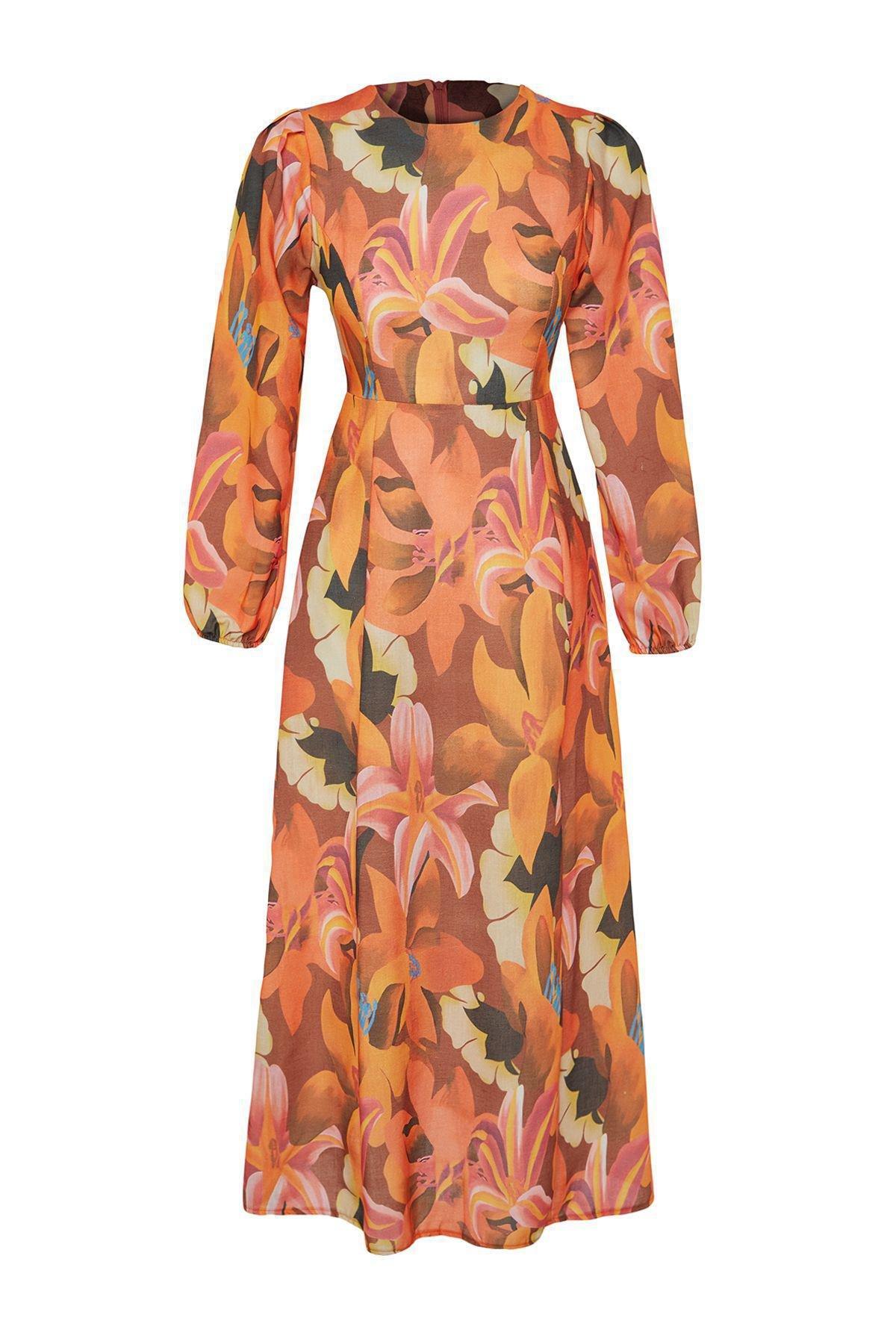 Orange Floral Linen Look Dress, Orange, large image number 5