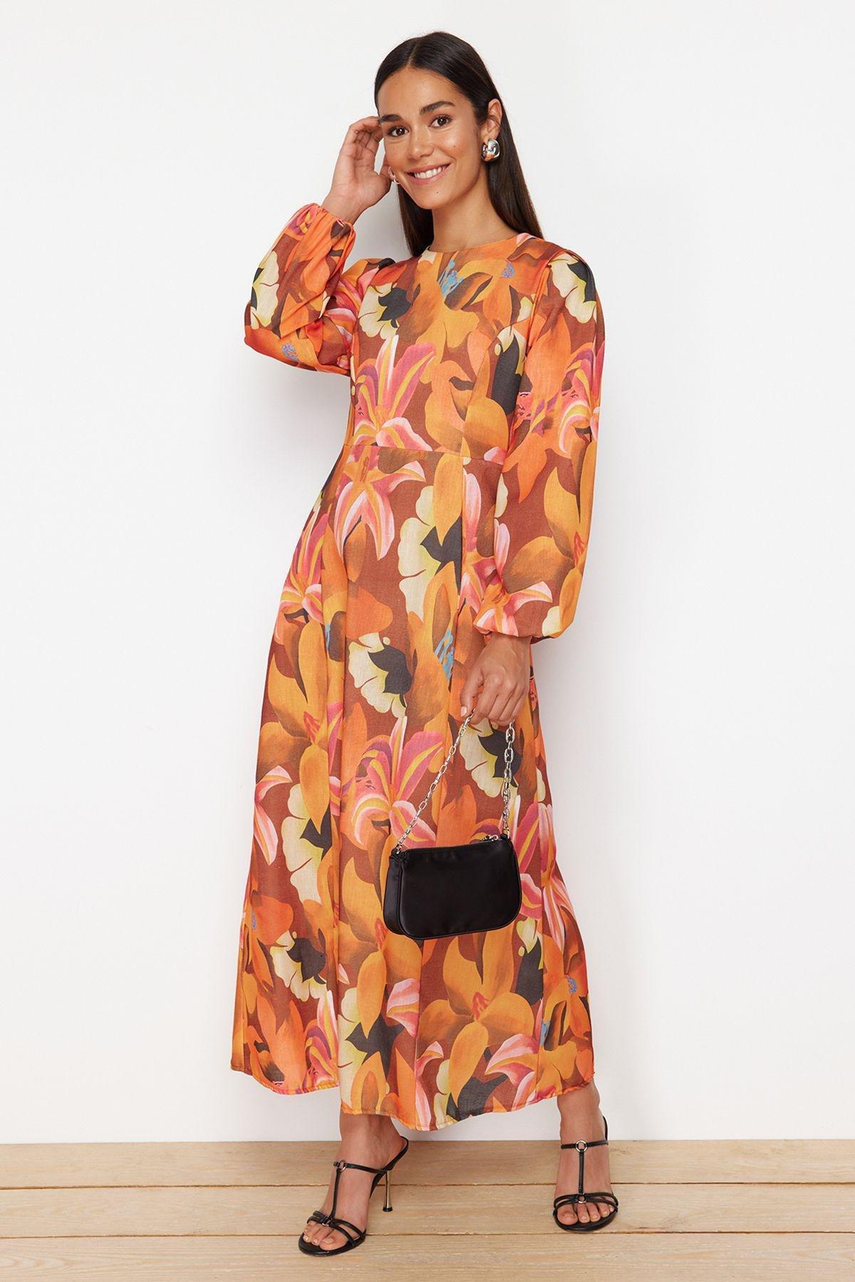 Orange Floral Linen Look Dress, Orange, large image number 6