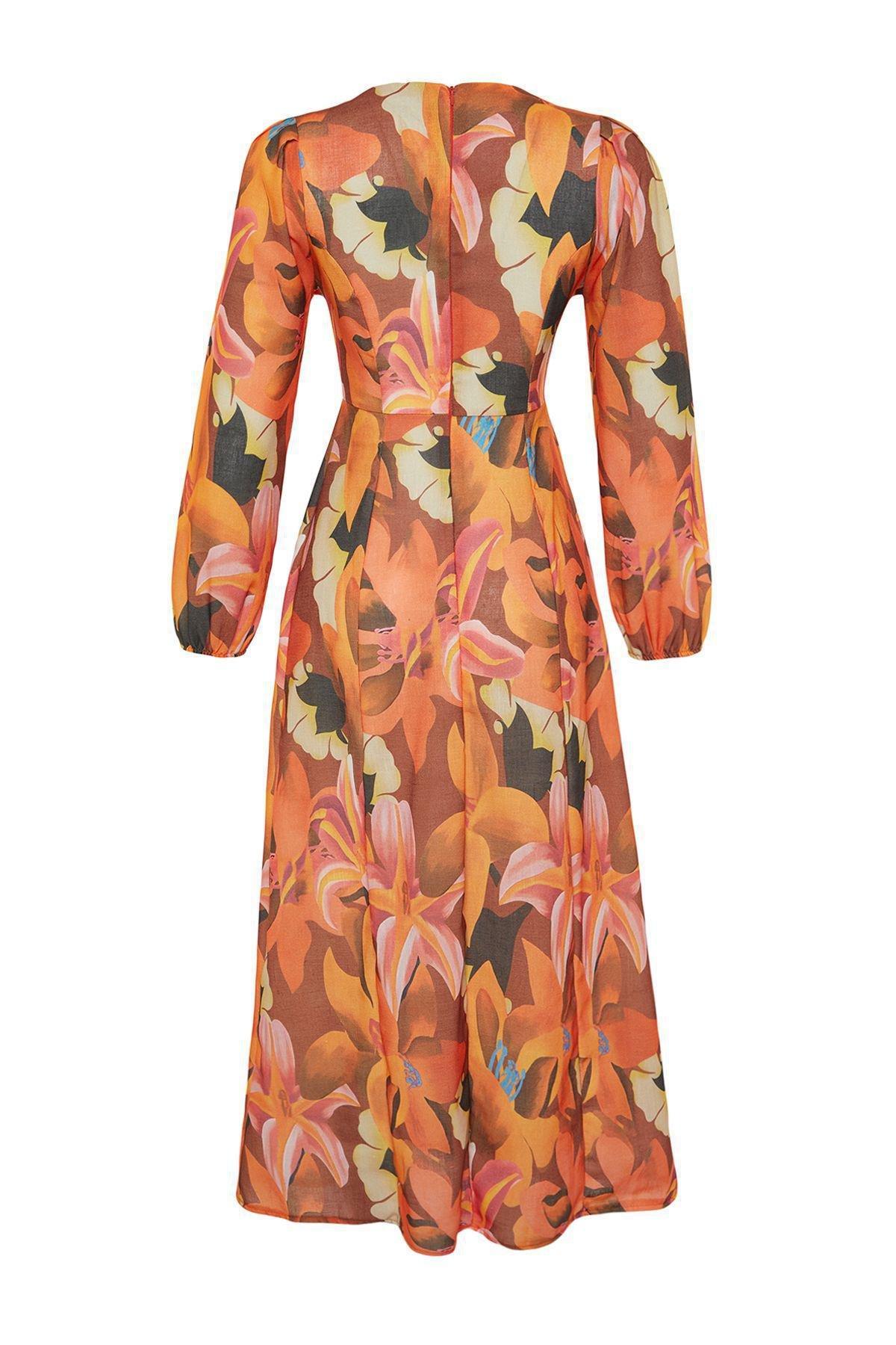 Orange Floral Linen Look Dress, Orange, large image number 7