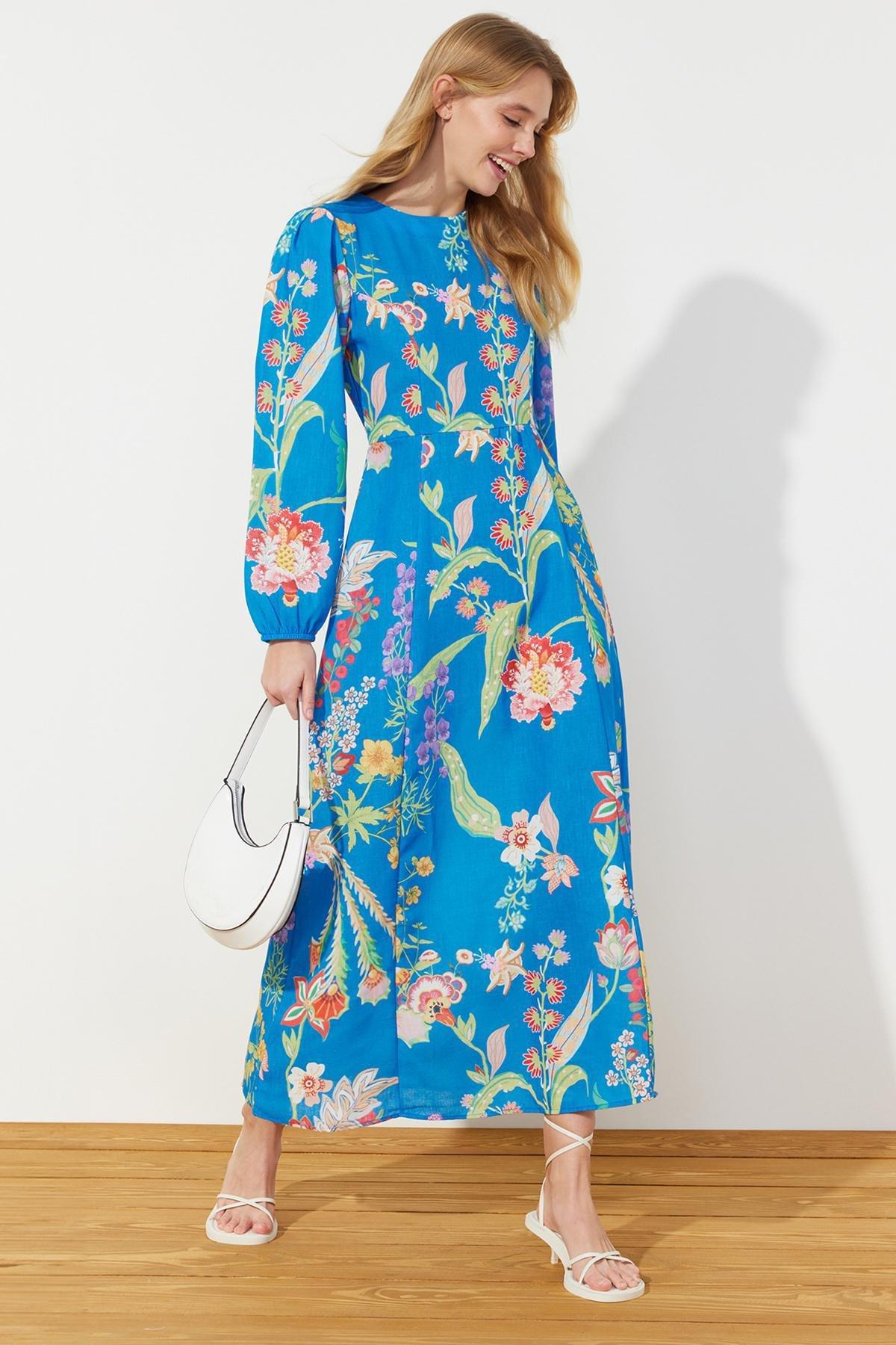 Blue Flower Patterned Dress, , large image number 0