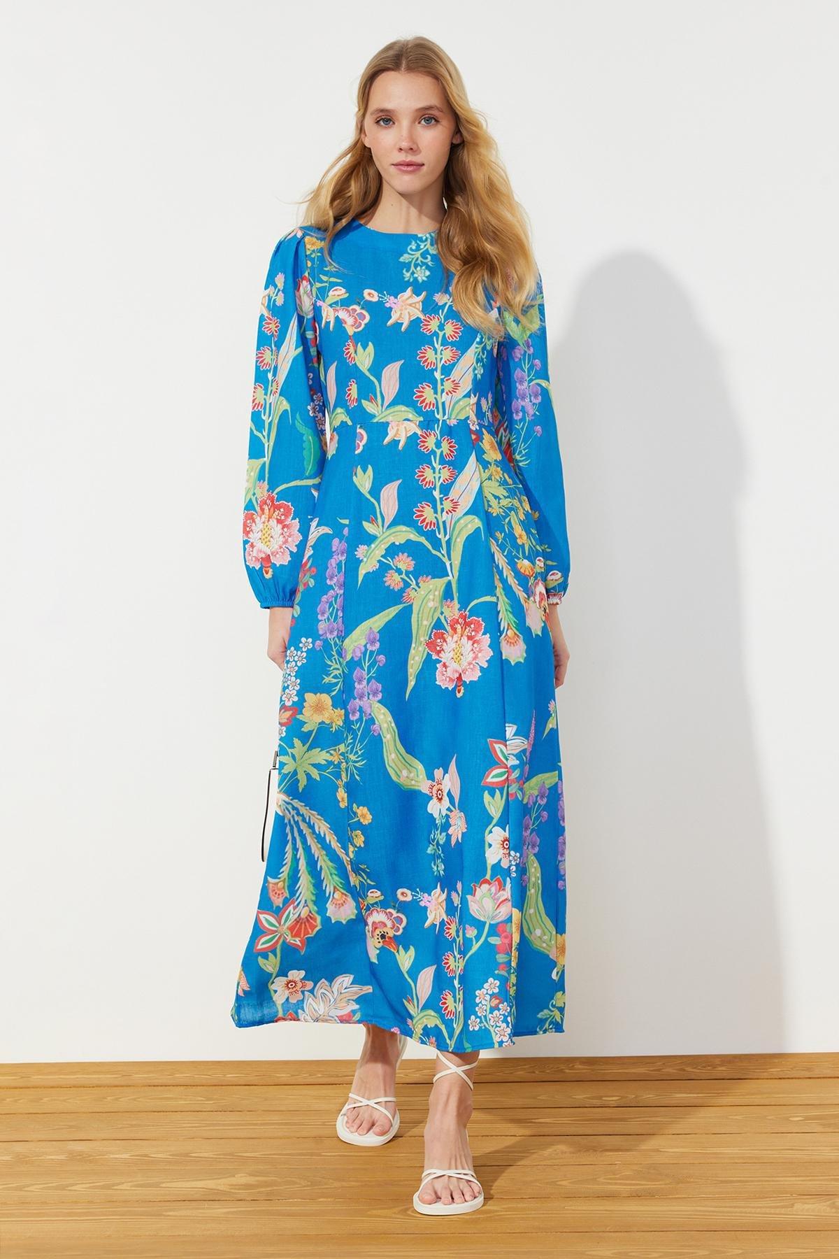 Blue Flower Patterned Dress, , large image number 1