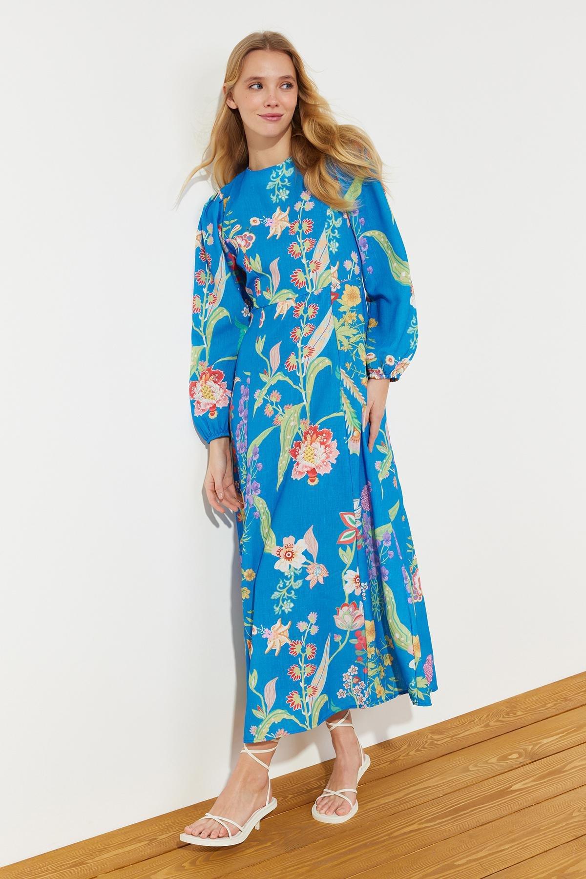 Blue Flower Patterned Dress, , large image number 2