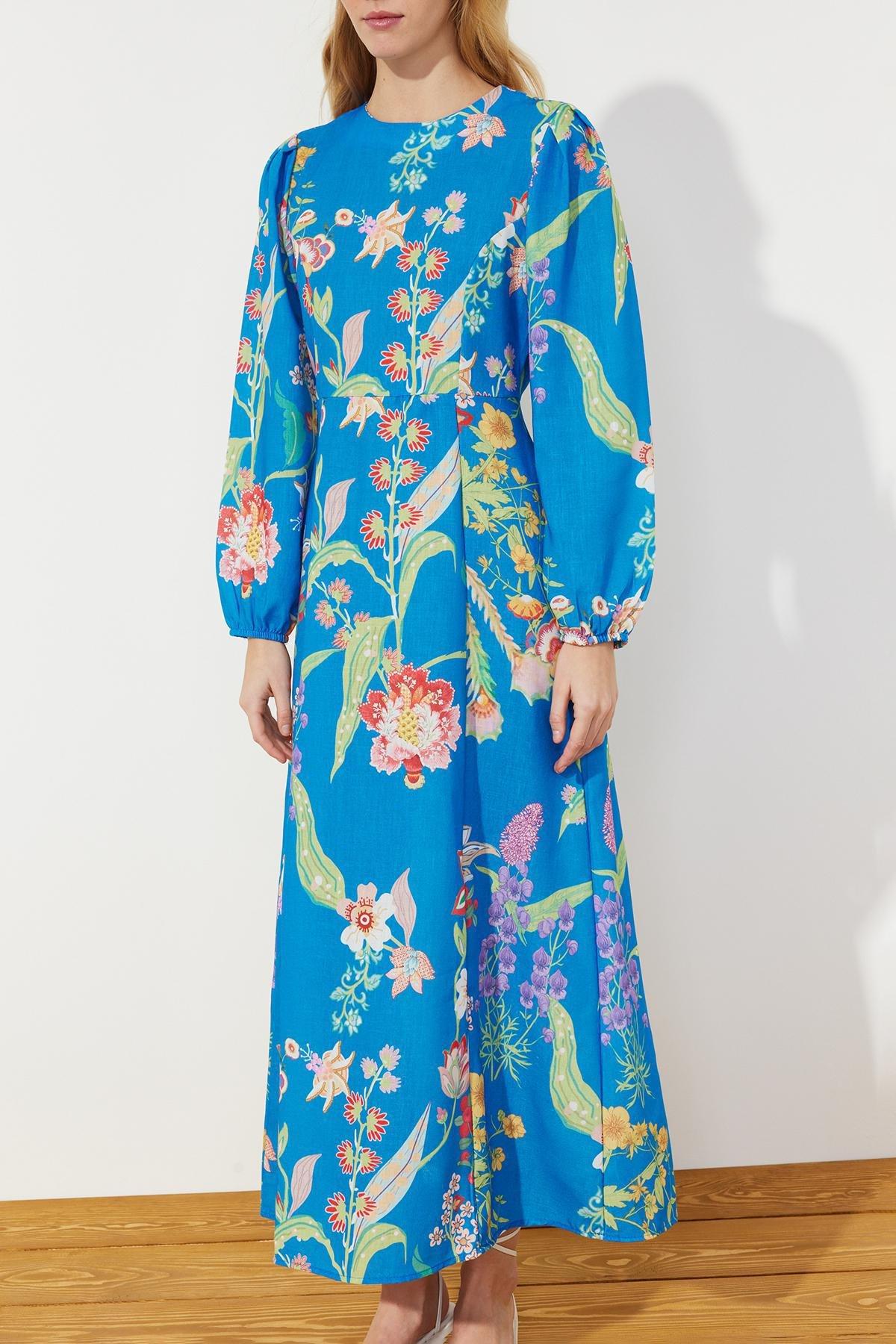 Blue Flower Patterned Dress, , large image number 3