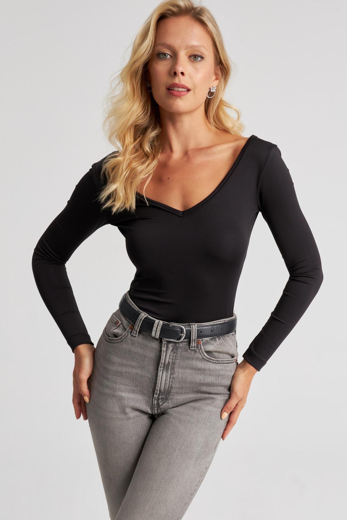 Black Lace Detailed V-Neck Blouse, , large image number 2