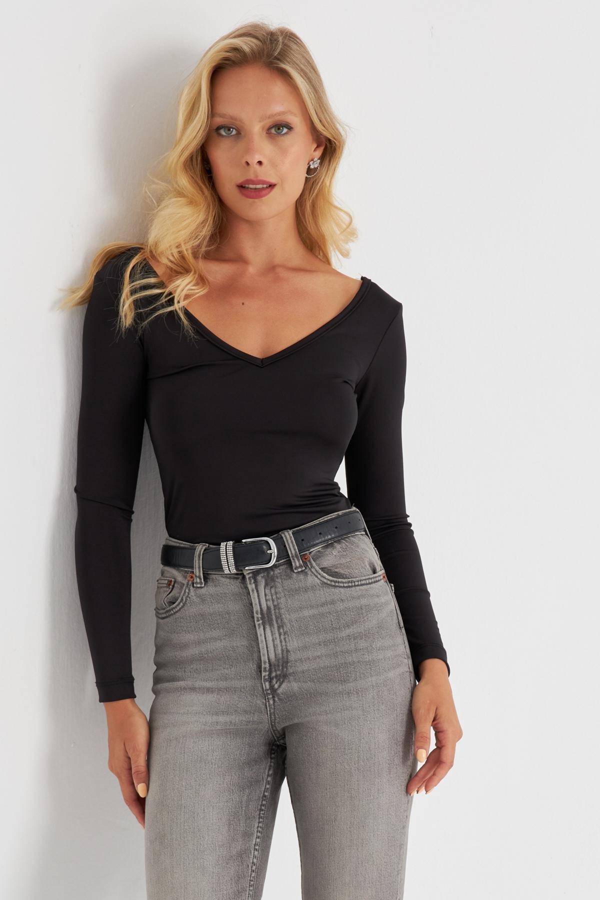 Black Lace Detailed V-Neck Blouse, , large image number 4