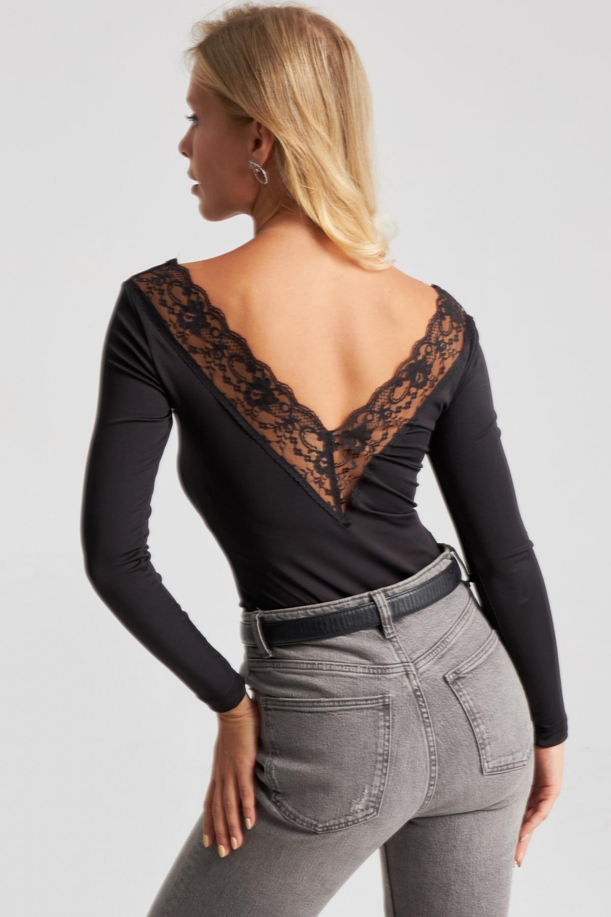 Black Lace Detailed V-Neck Blouse, , large image number 6