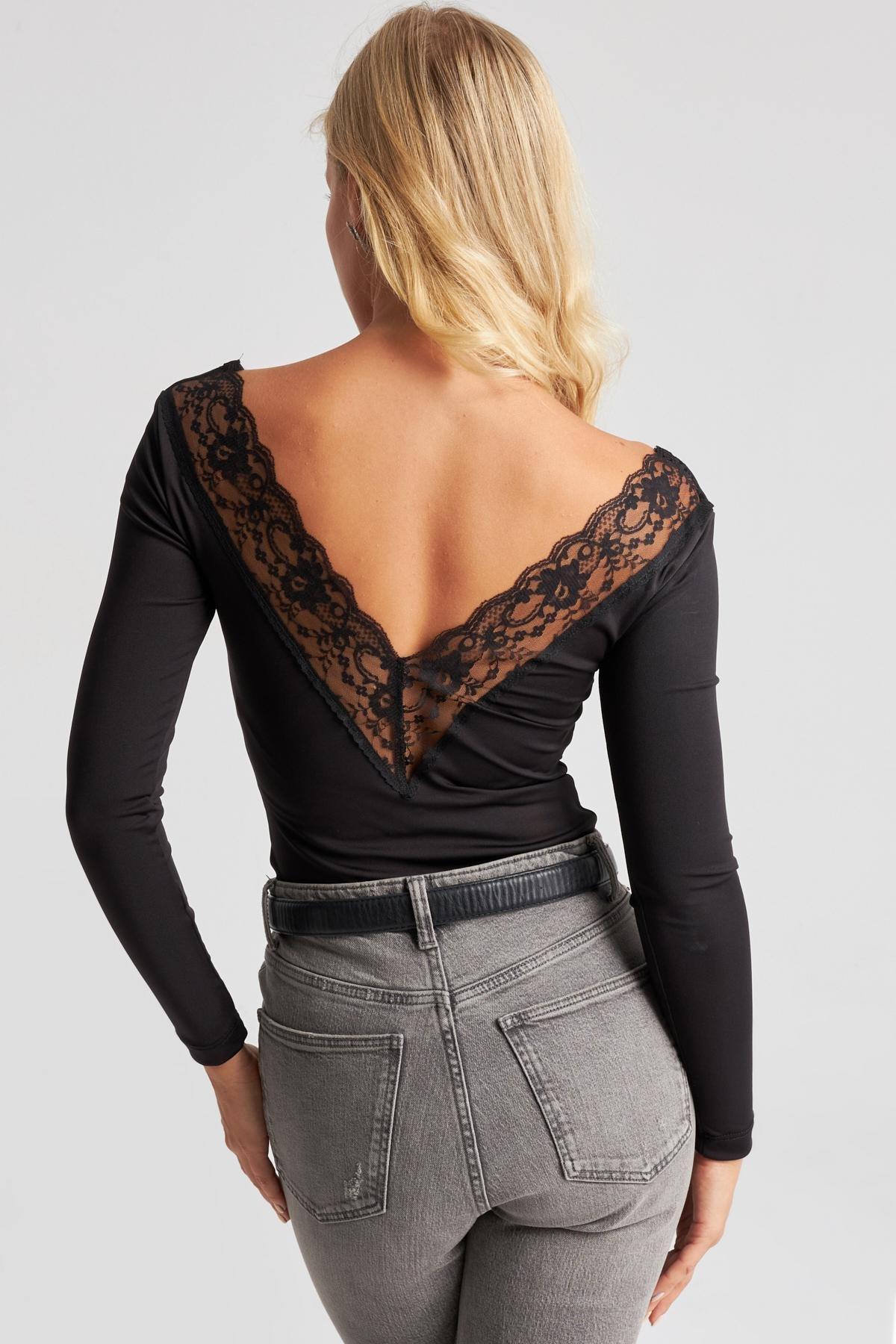 Black Lace Detailed V-Neck Blouse, , large image number 7
