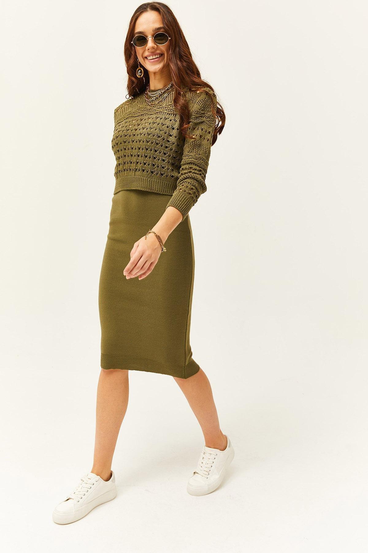 Green Thin Strap Knit Dress Suit, Khaki, large image number 0