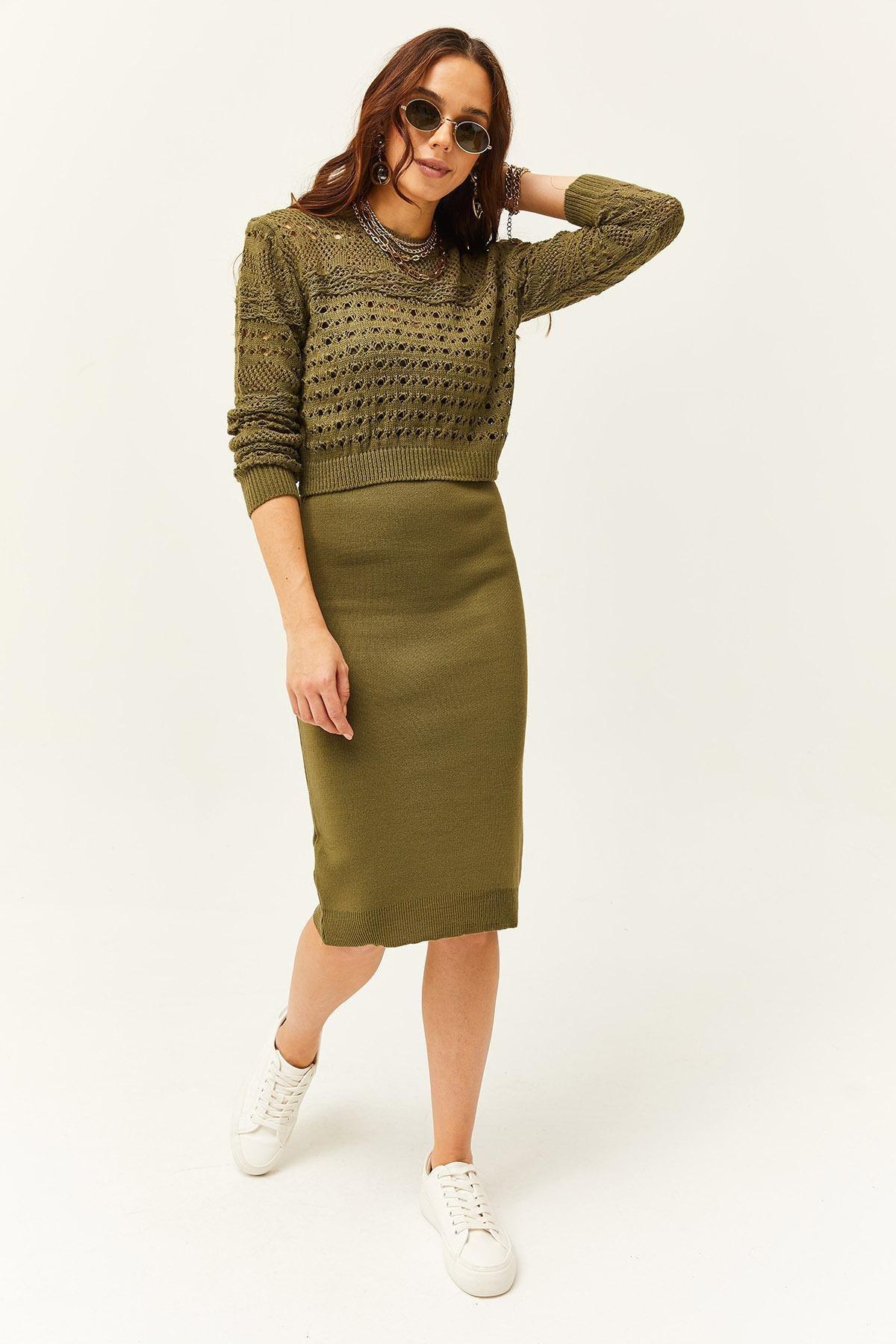 Green Thin Strap Knit Dress Suit, Khaki, large image number 2