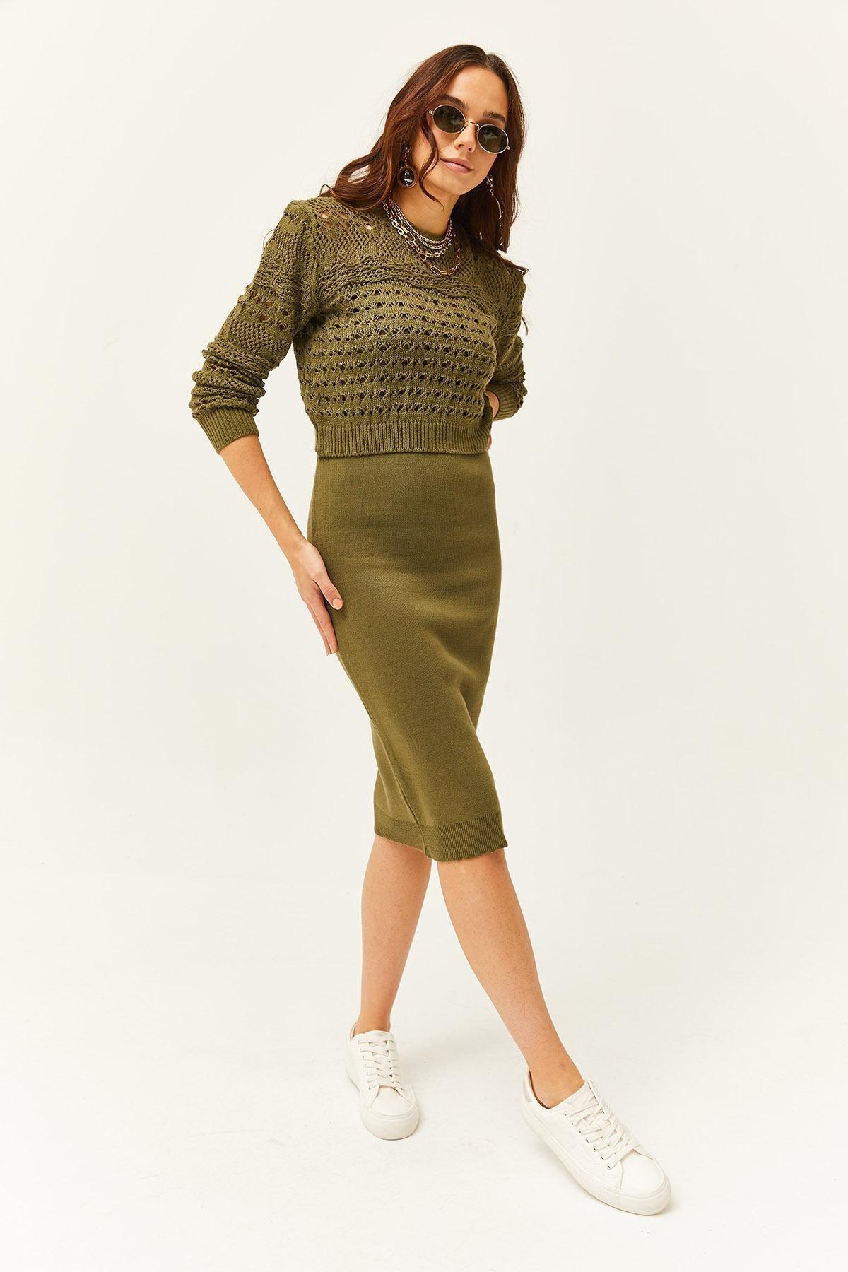 Green Thin Strap Knit Dress Suit, Khaki, large image number 3