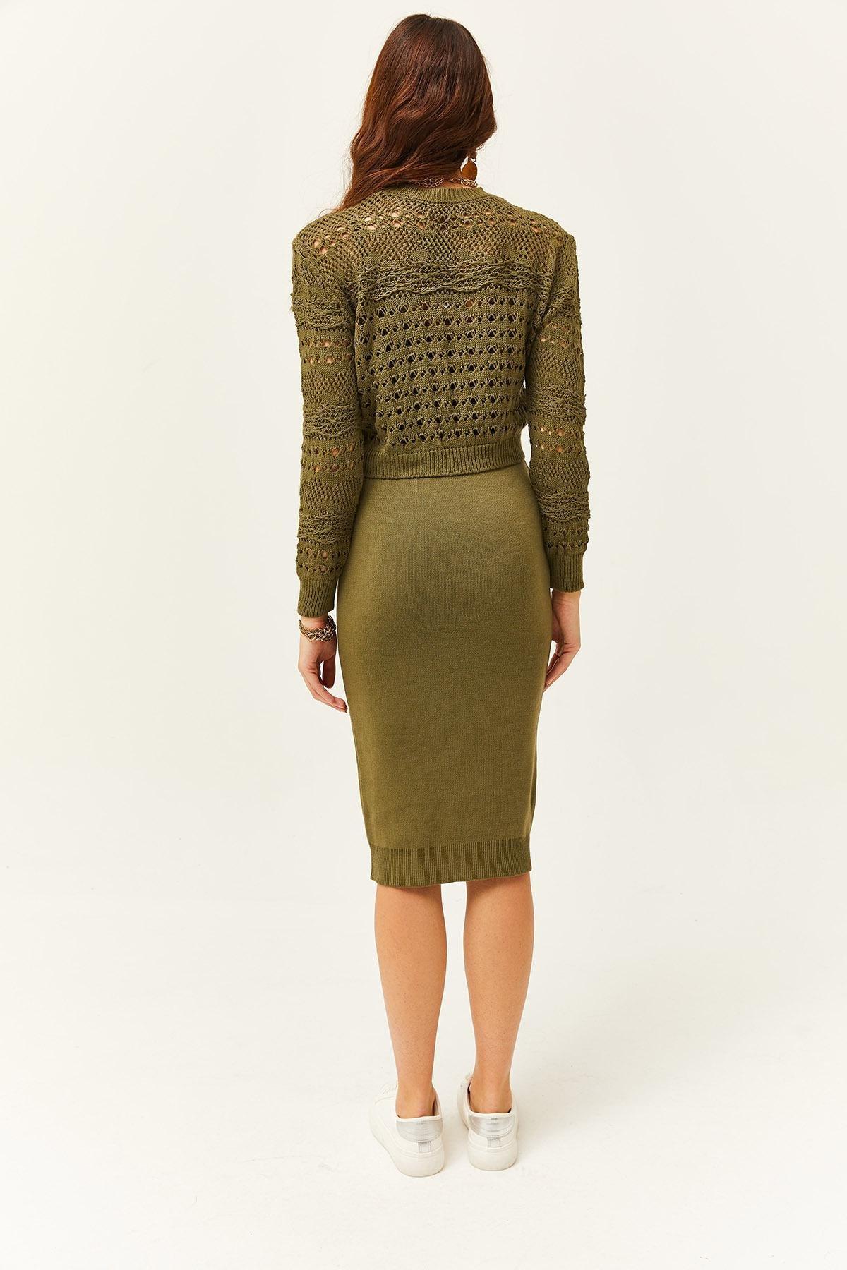 Green Thin Strap Knit Dress Suit, Khaki, large image number 4