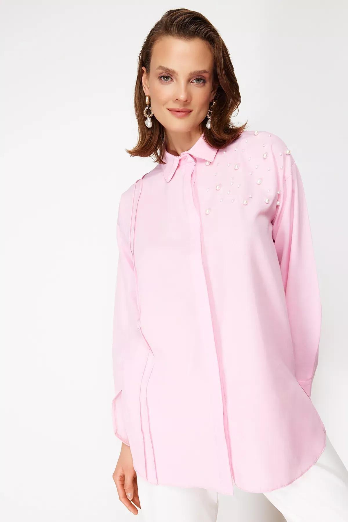 Fashion Womens Hijab Shirt Collar Plain Pattern Casual Pink Pearl Detailed Cotton Woven Shirt, single, LIGHT PINK, large image number 2