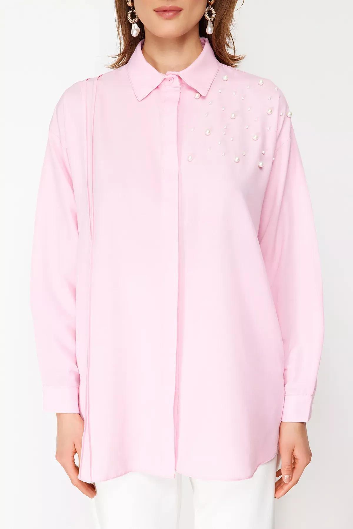 Fashion Womens Hijab Shirt Collar Plain Pattern Casual Pink Pearl Detailed Cotton Woven Shirt, single, LIGHT PINK, large image number 3