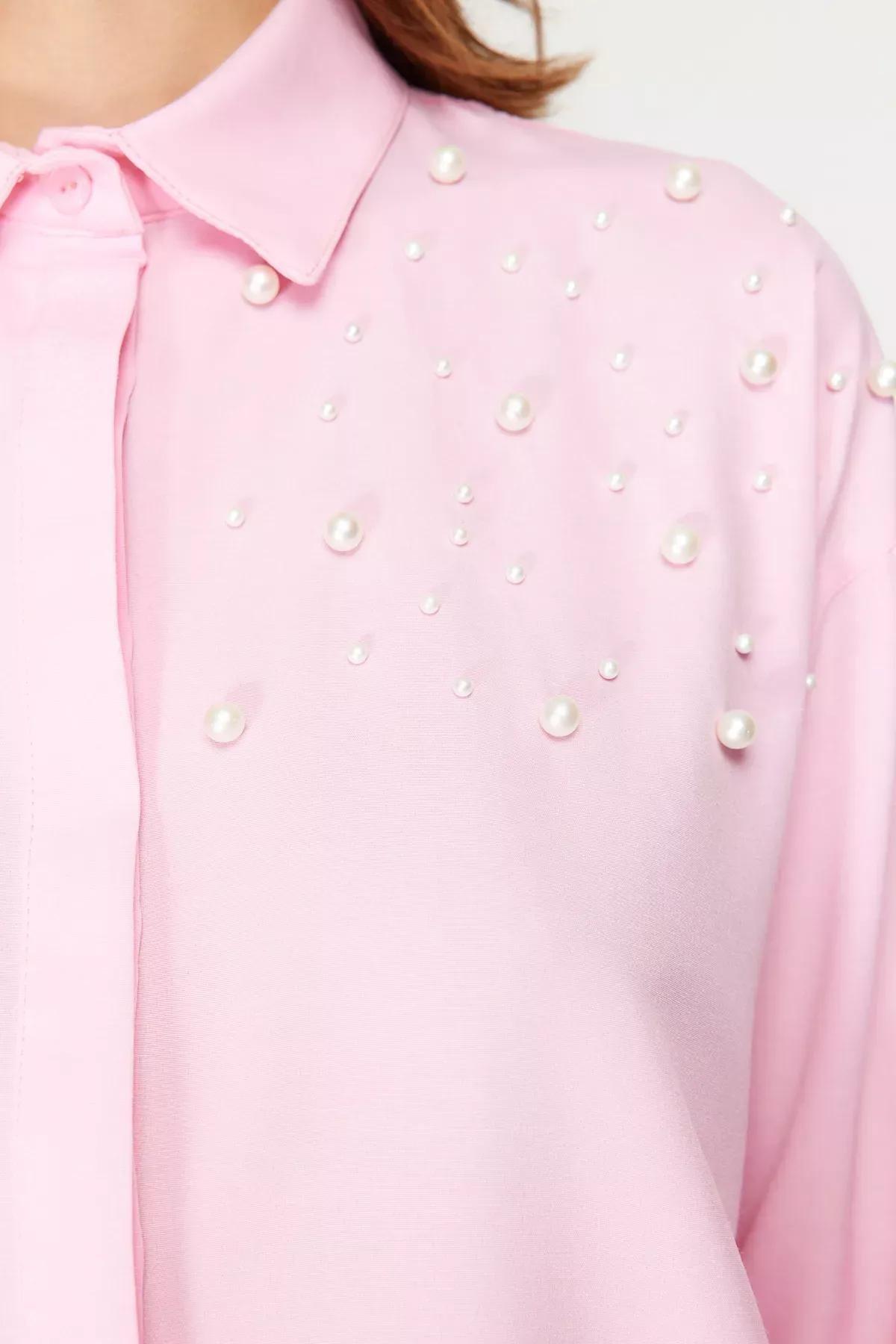 Fashion Womens Hijab Shirt Collar Plain Pattern Casual Pink Pearl Detailed Cotton Woven Shirt, single, LIGHT PINK, large image number 4