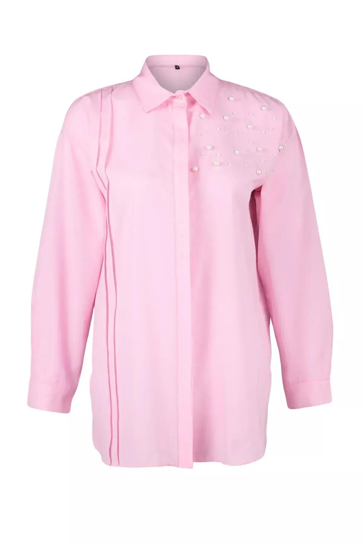 Fashion Womens Hijab Shirt Collar Plain Pattern Casual Pink Pearl Detailed Cotton Woven Shirt, single, LIGHT PINK, large image number 5