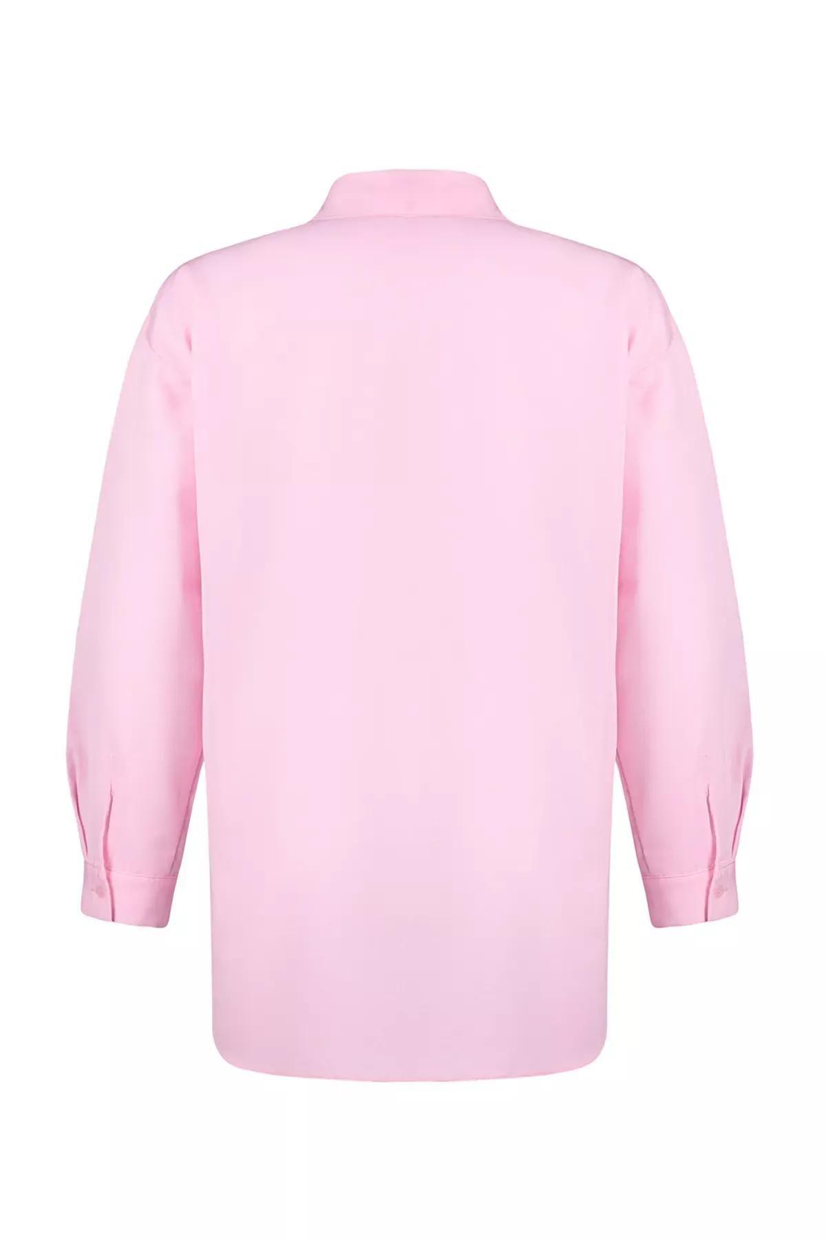Fashion Womens Hijab Shirt Collar Plain Pattern Casual Pink Pearl Detailed Cotton Woven Shirt, single, LIGHT PINK, large image number 6