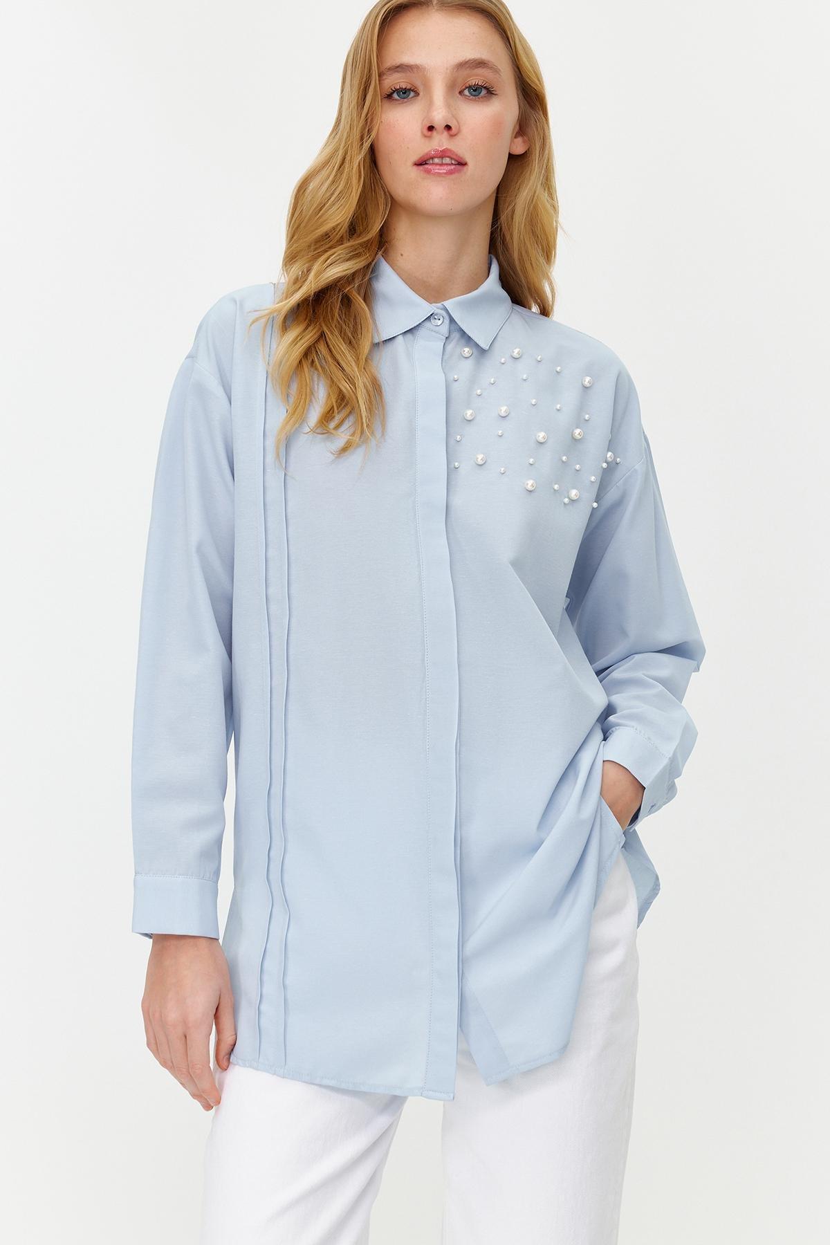 Blue Pearl Detailed Woven Shirt, , large image number 0