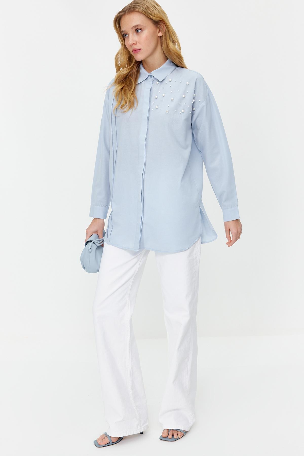 Blue Pearl Detailed Woven Shirt, , large image number 2