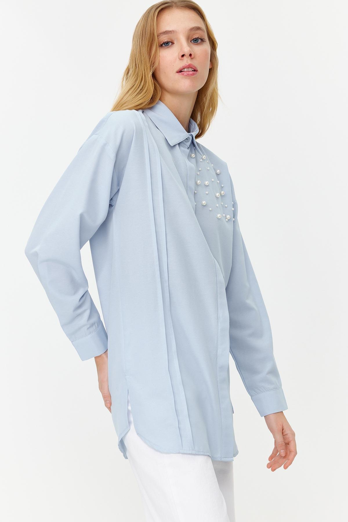 Blue Pearl Detailed Woven Shirt, , large image number 3