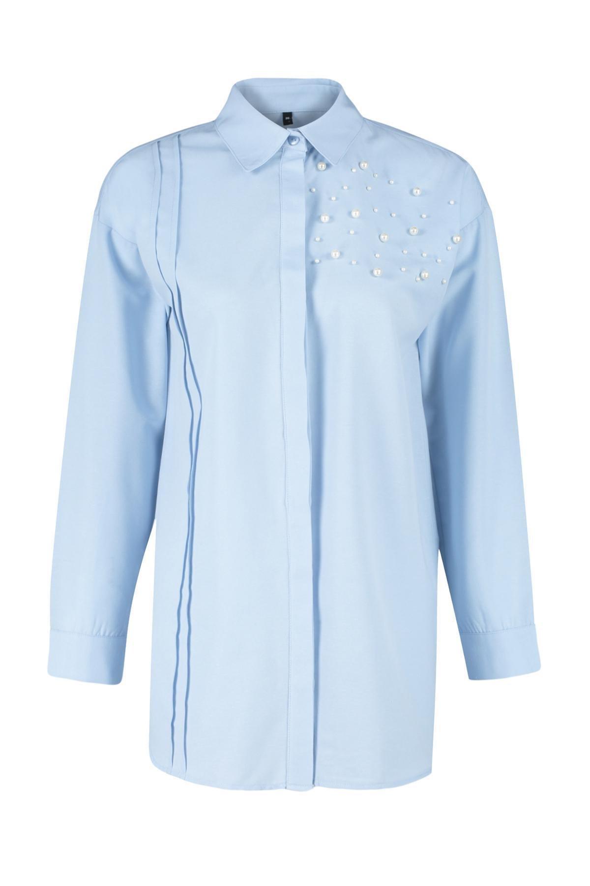 Blue Pearl Detailed Woven Shirt, , large image number 5
