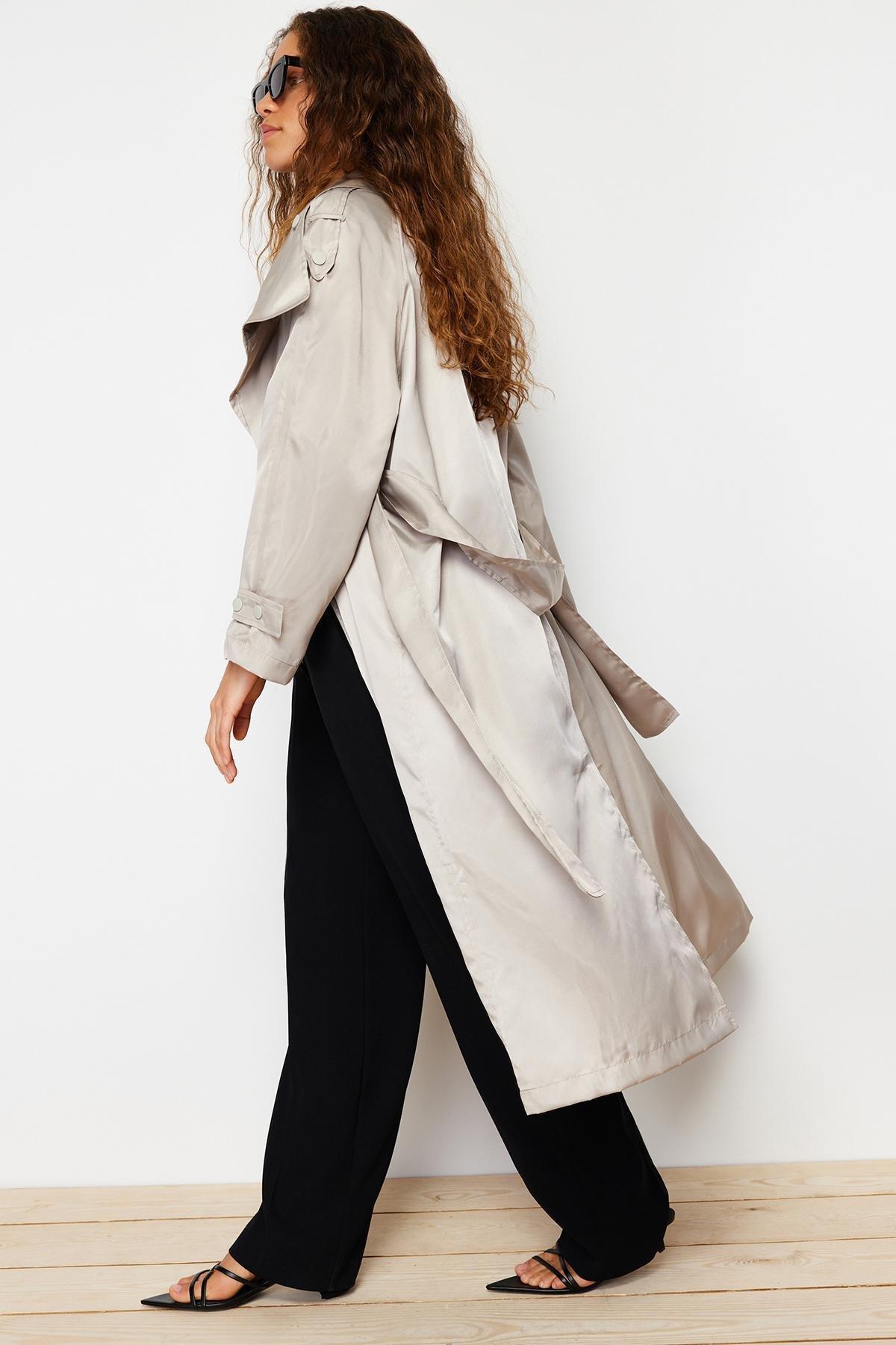Beige Oversize Wide Cut Faux Leather Trench Coat, , large image number 1