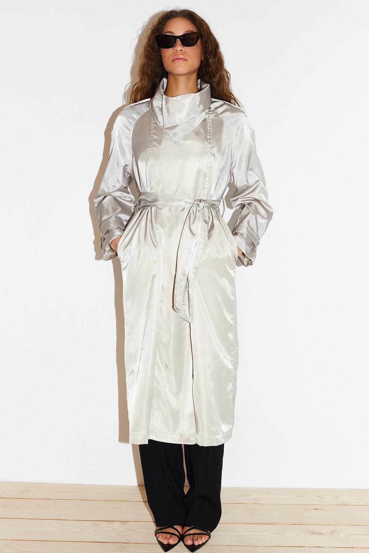 Beige Oversize Wide Cut Faux Leather Trench Coat, , large image number 2
