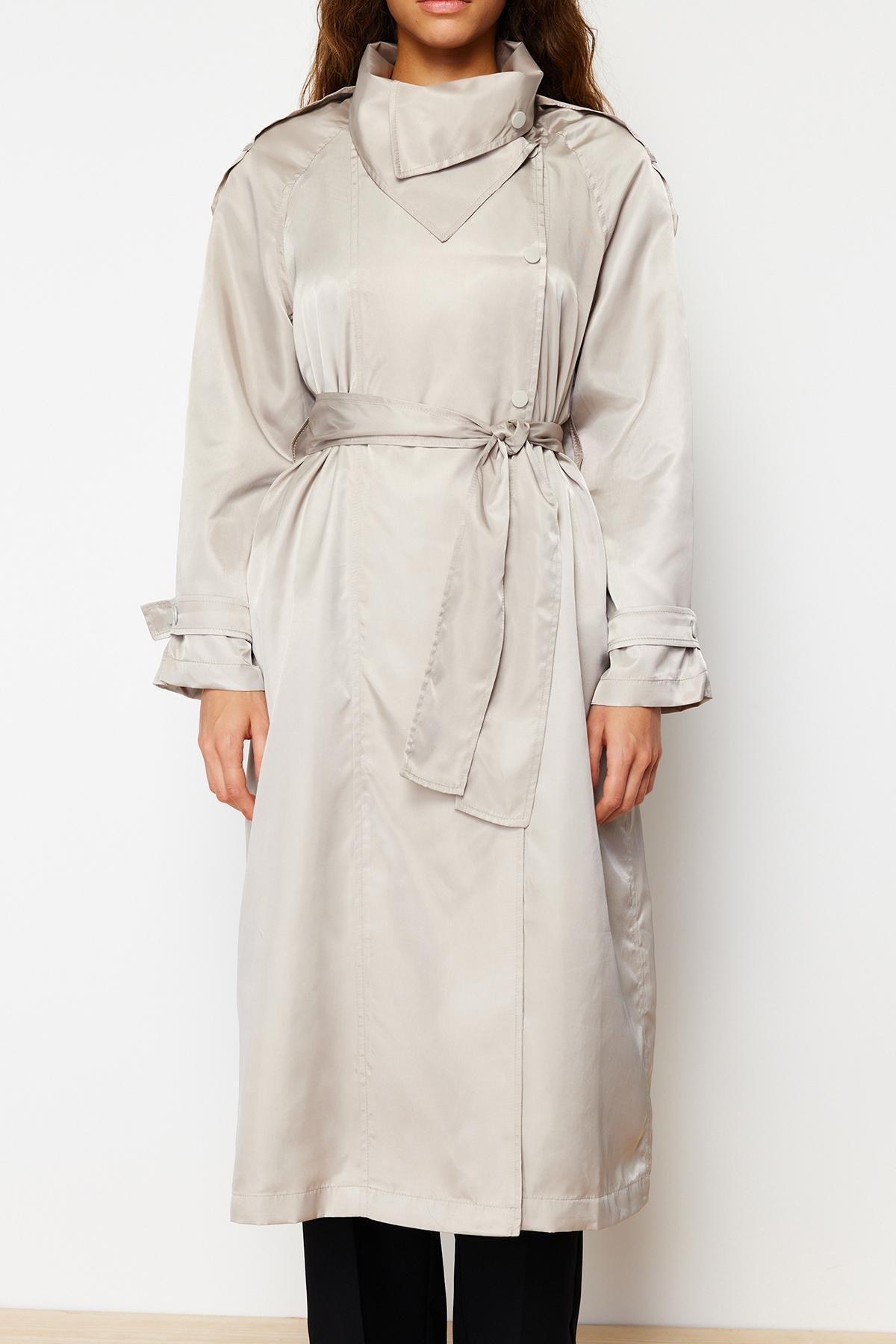 Beige Oversize Wide Cut Faux Leather Trench Coat, , large image number 3