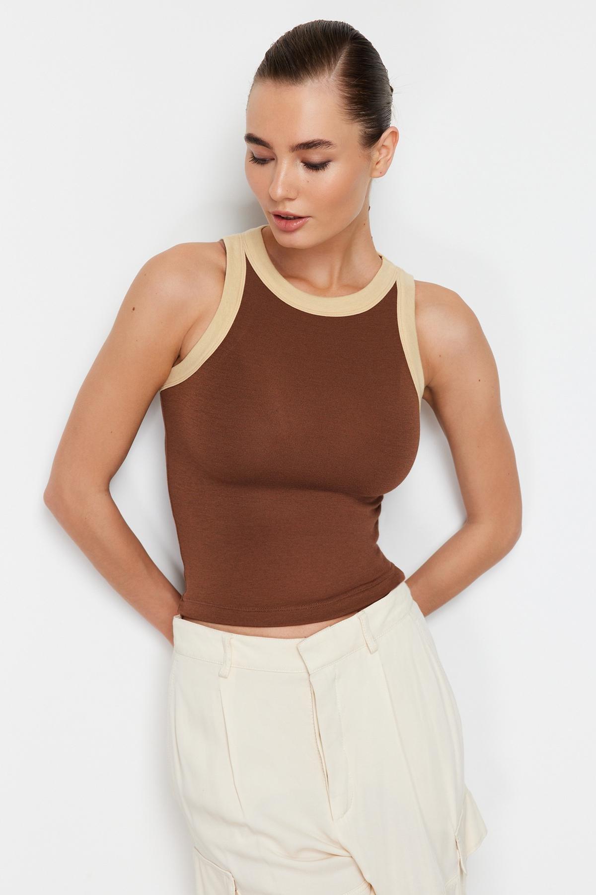 Brown Halter Neck Contrast Ribbed Elastic Undershirt, , large image number 0