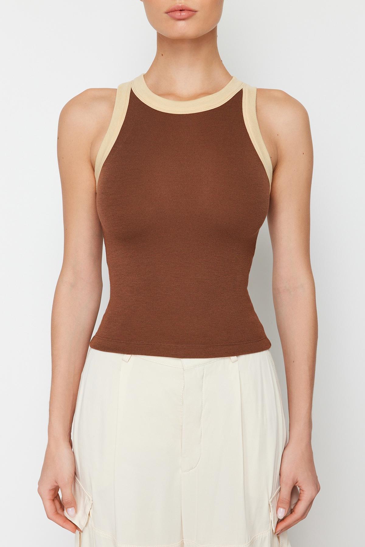 Brown Halter Neck Contrast Ribbed Elastic Undershirt, , large image number 3