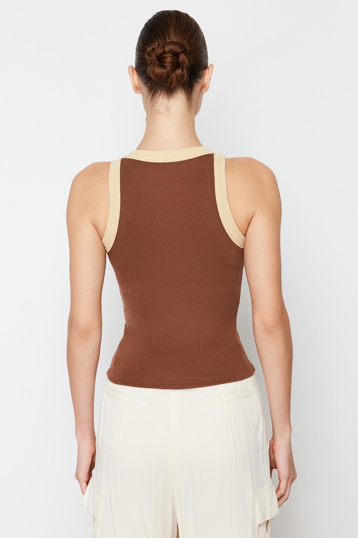 Brown Halter Neck Contrast Ribbed Elastic Undershirt, , large image number 4