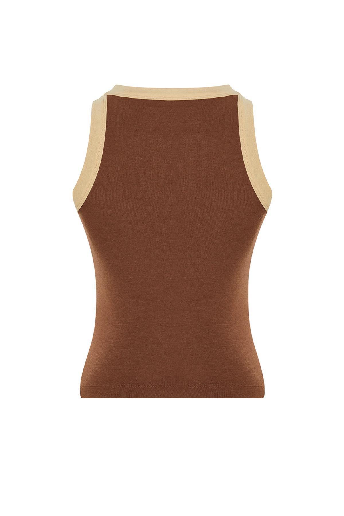 Brown Halter Neck Contrast Ribbed Elastic Undershirt, , large image number 6