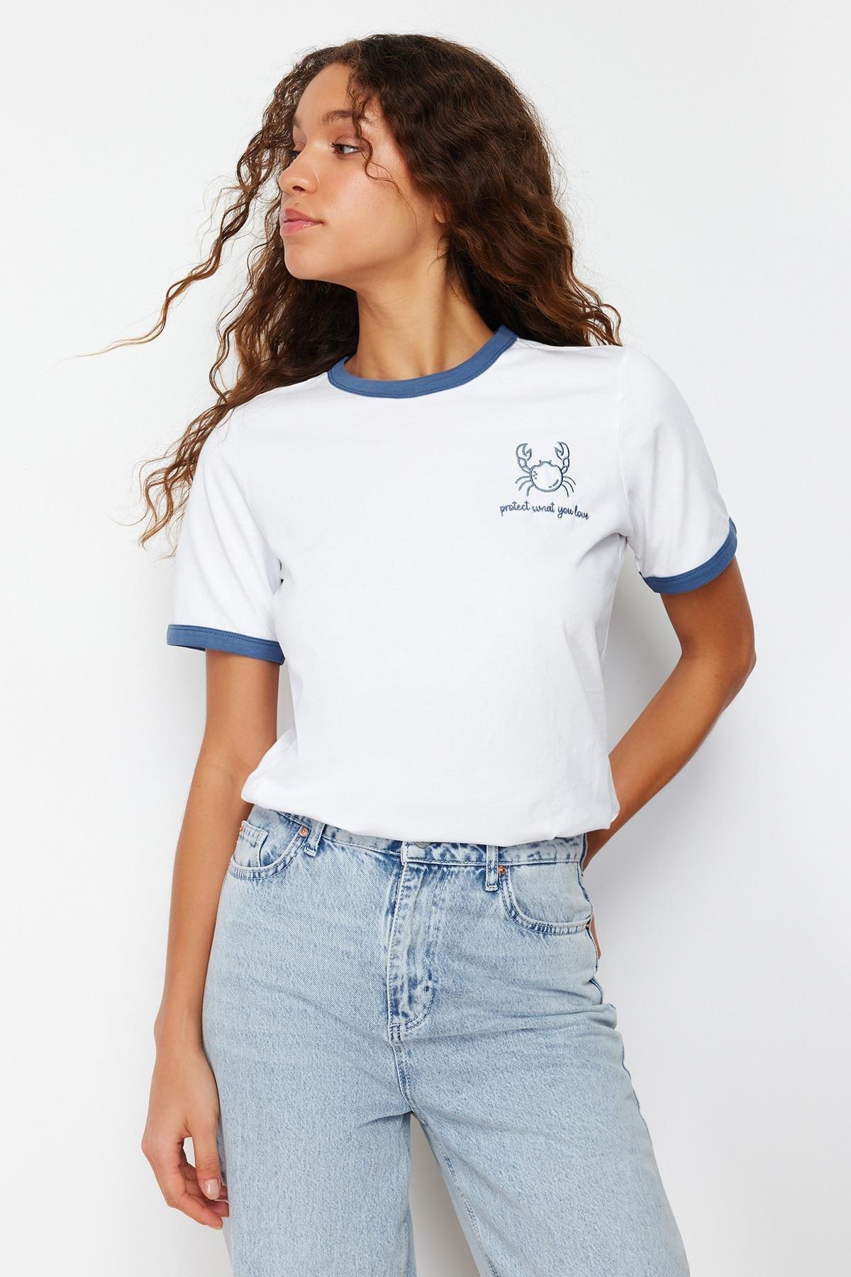 Ecru 100% Cotton Embroidered Contrast Piping Detailed Knitted T-Shirt TWOSS24TS00037, , large image number 1