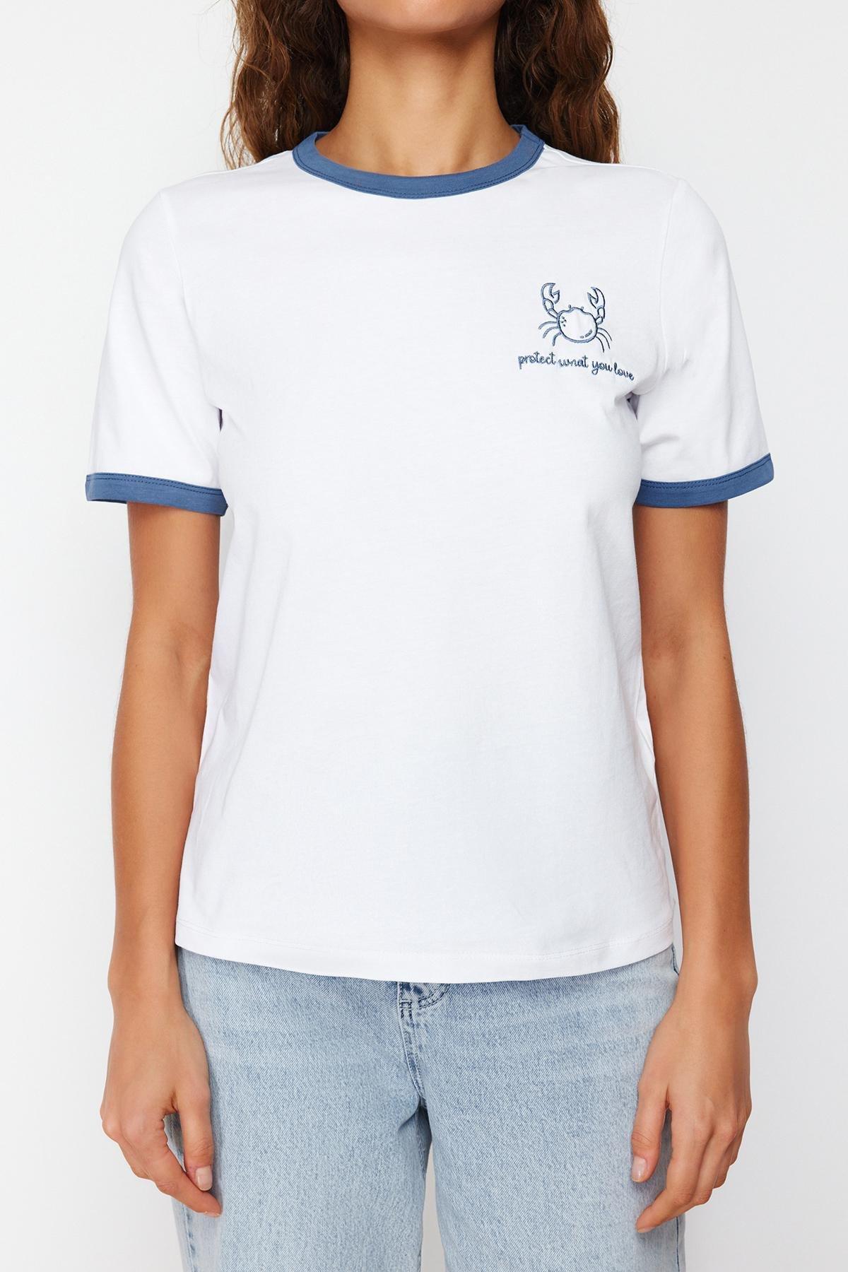 Ecru 100% Cotton Embroidered Contrast Piping Detailed Knitted T-Shirt TWOSS24TS00037, , large image number 2