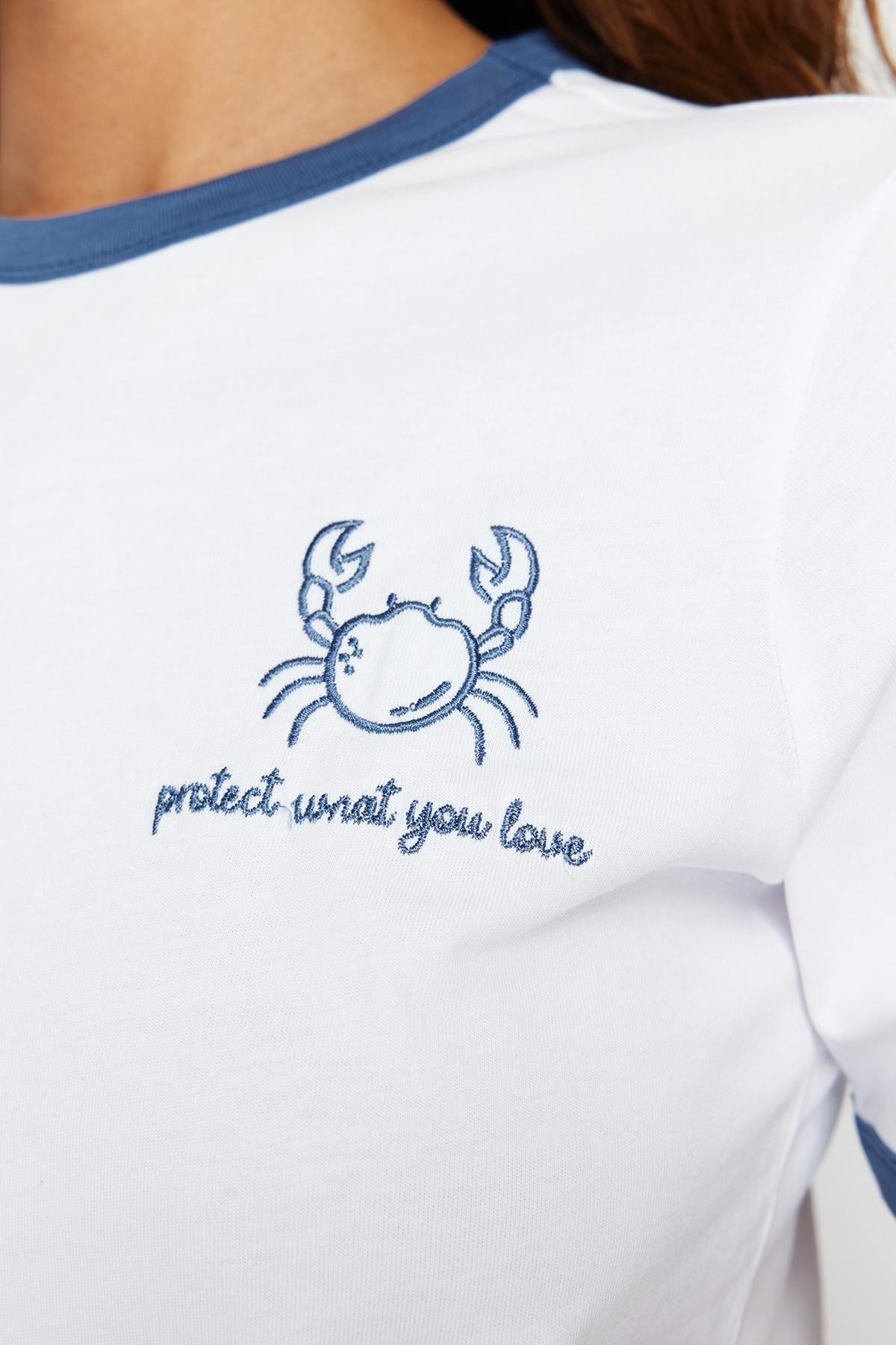 Ecru 100% Cotton Embroidered Contrast Piping Detailed Knitted T-Shirt TWOSS24TS00037, , large image number 3