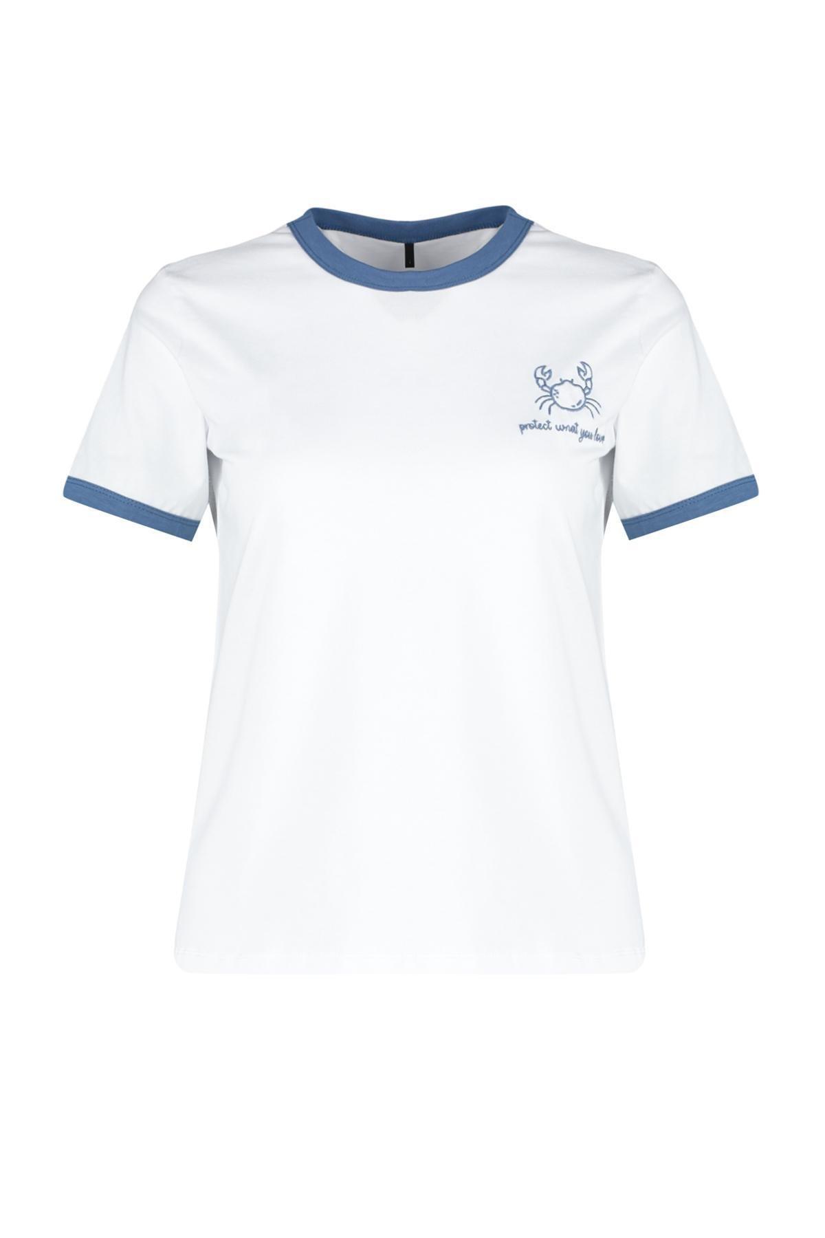 Ecru 100% Cotton Embroidered Contrast Piping Detailed Knitted T-Shirt TWOSS24TS00037, , large image number 4