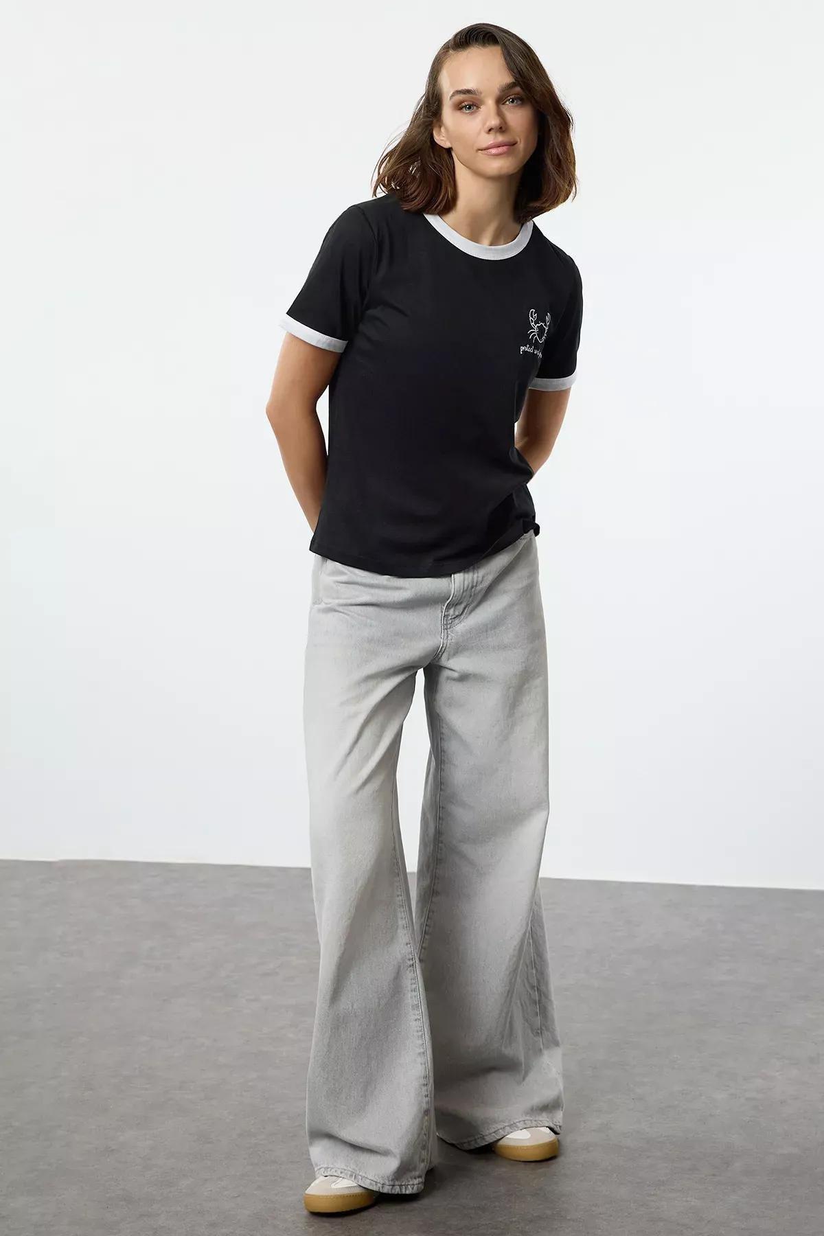 Black Embroidered Knitted T-Shirt, C101_5720, large image number 1