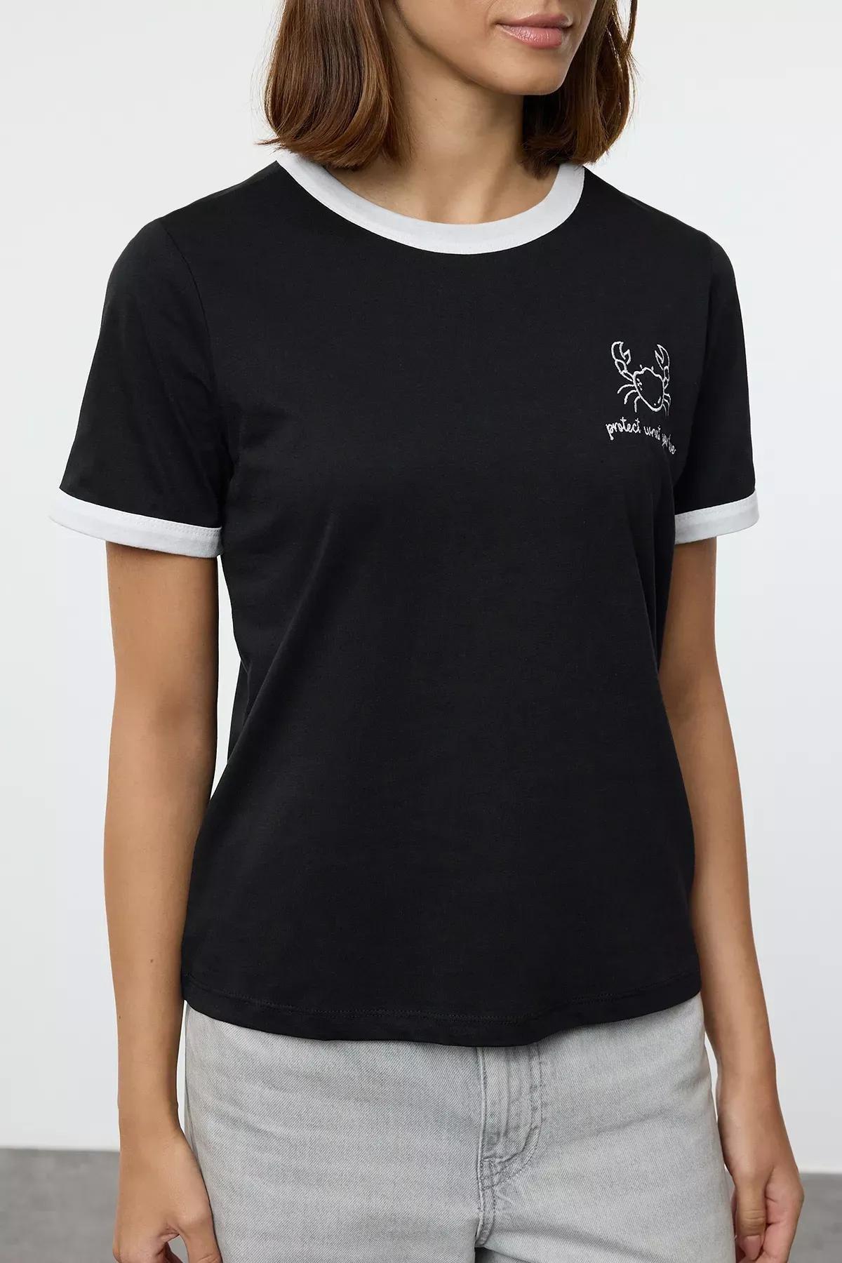 Black Embroidered Knitted T-Shirt, C101_5720, large image number 2