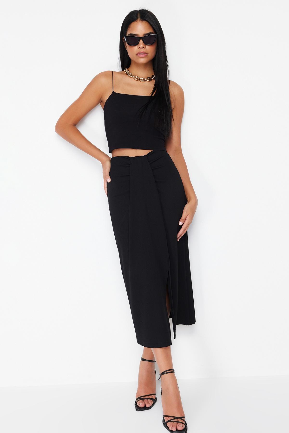 Black Gathered Detail Elastic Midi Skirt, , large image number 0