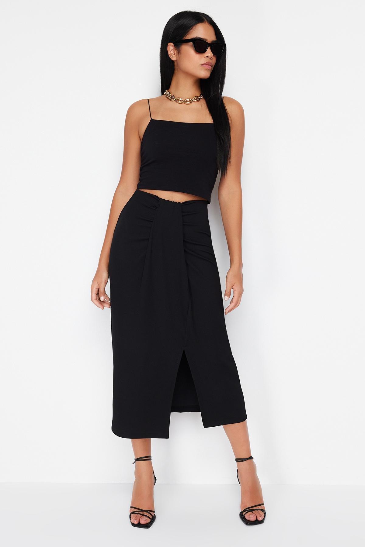 Black Gathered Detail Elastic Midi Skirt, , large image number 1