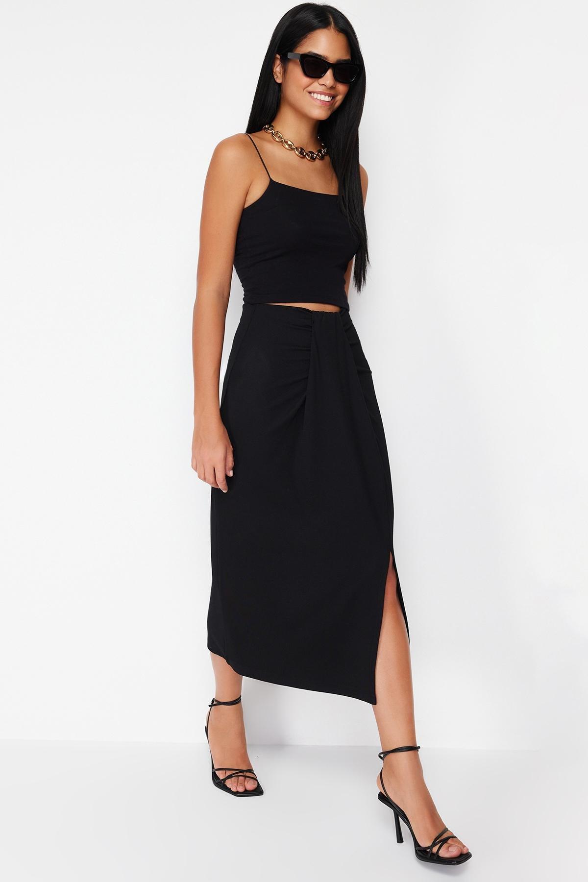 Black Gathered Detail Elastic Midi Skirt, , large image number 2