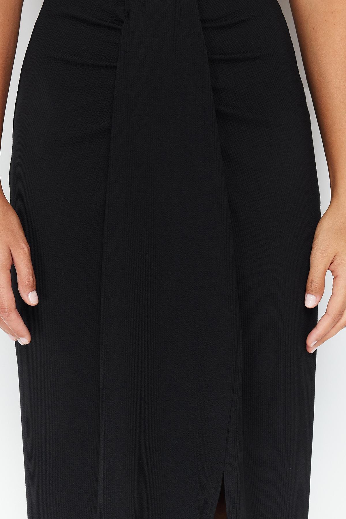Black Gathered Detail Elastic Midi Skirt, , large image number 3